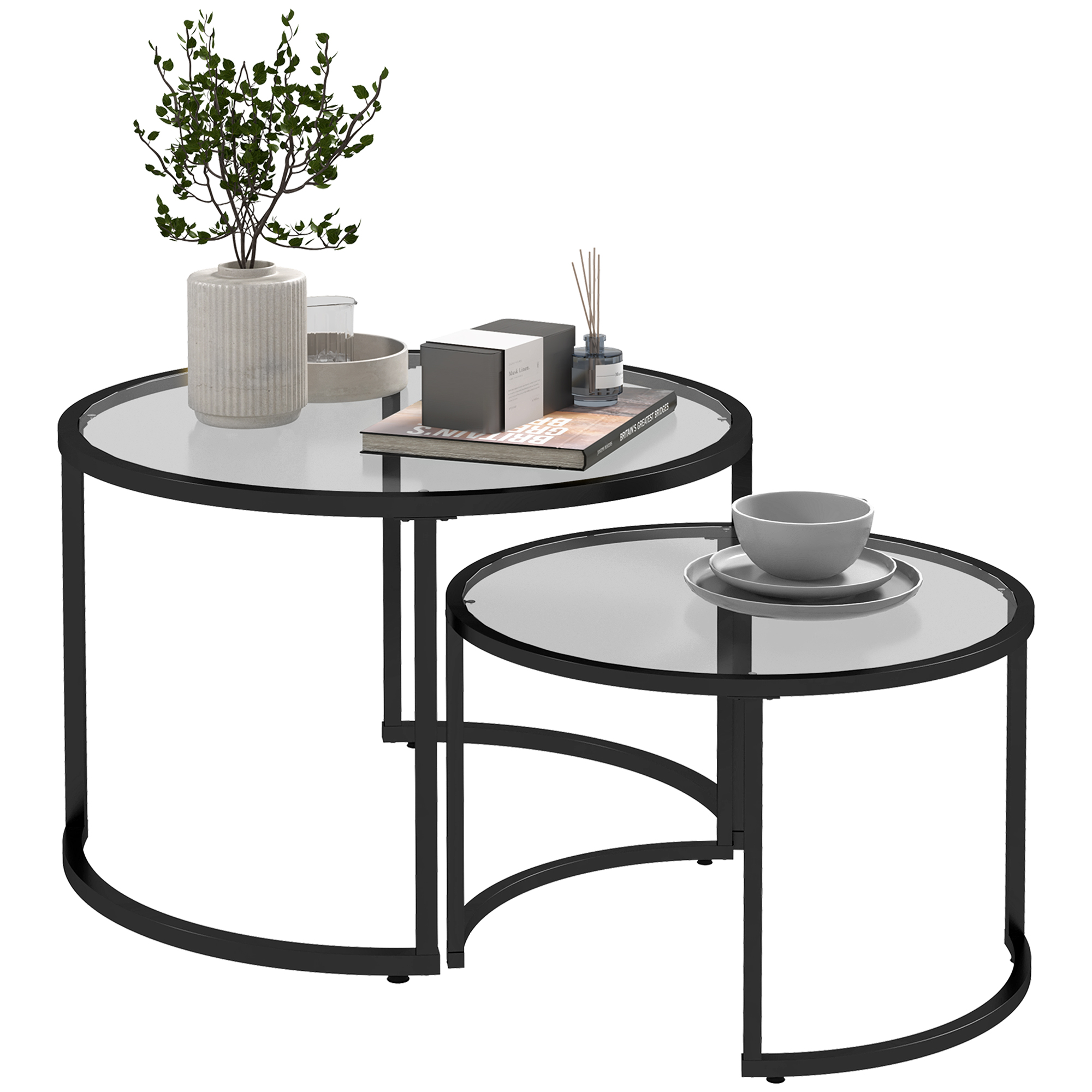 2 dalių šoninių staliukų rinkinys, juodas, stiklas, industrinis dizainas, Ø70 / Ø54 cm