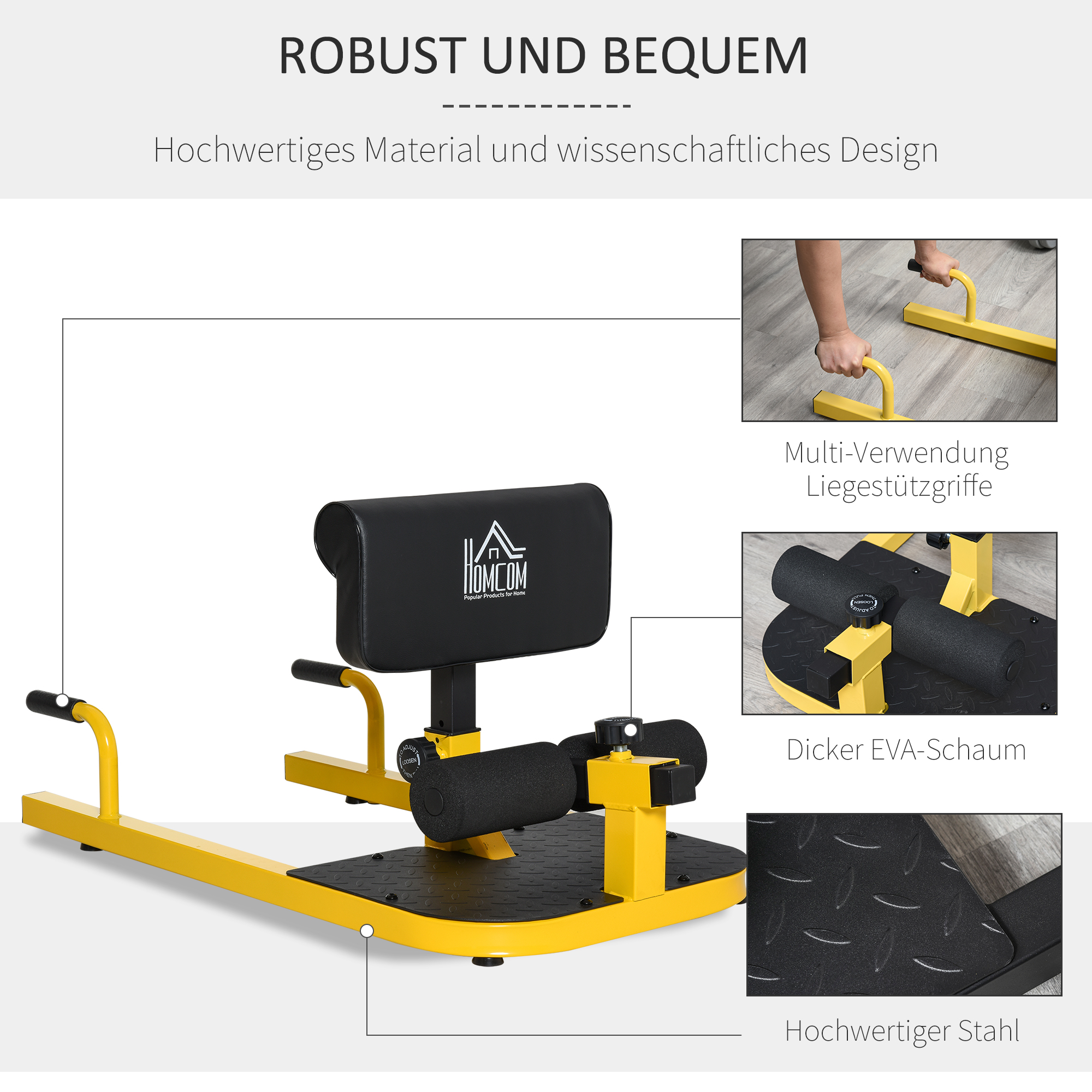 Sissy squat -harjoittelulaite 3 in 1, keltainen ja musta, teräs, 50 x 97 x 44,5-56,5 cm, enintään 120 kg - Image 6