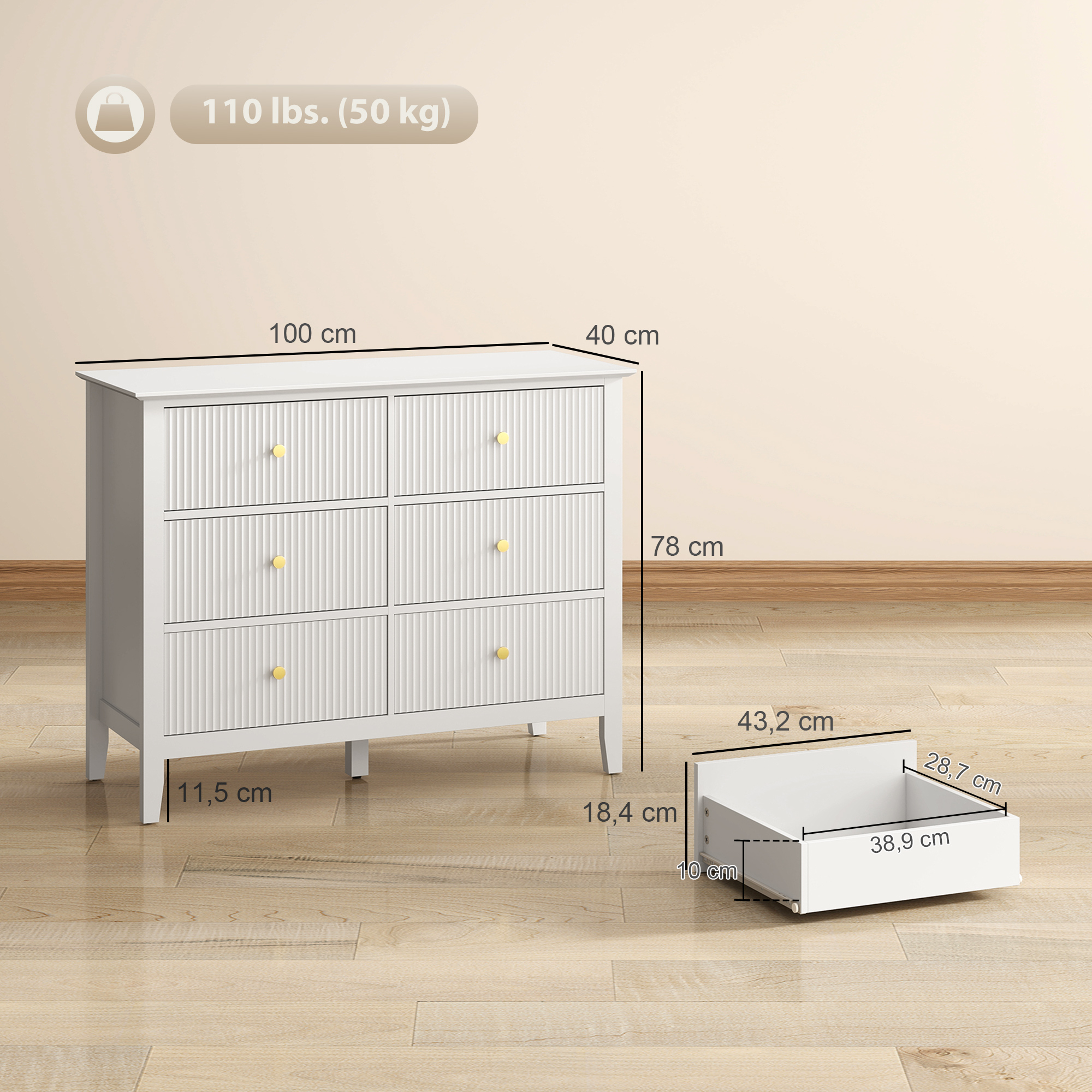 Komoda ir spintelė su 6 stalčiais, balta, 100 x 40 x 78 cm - Image 3