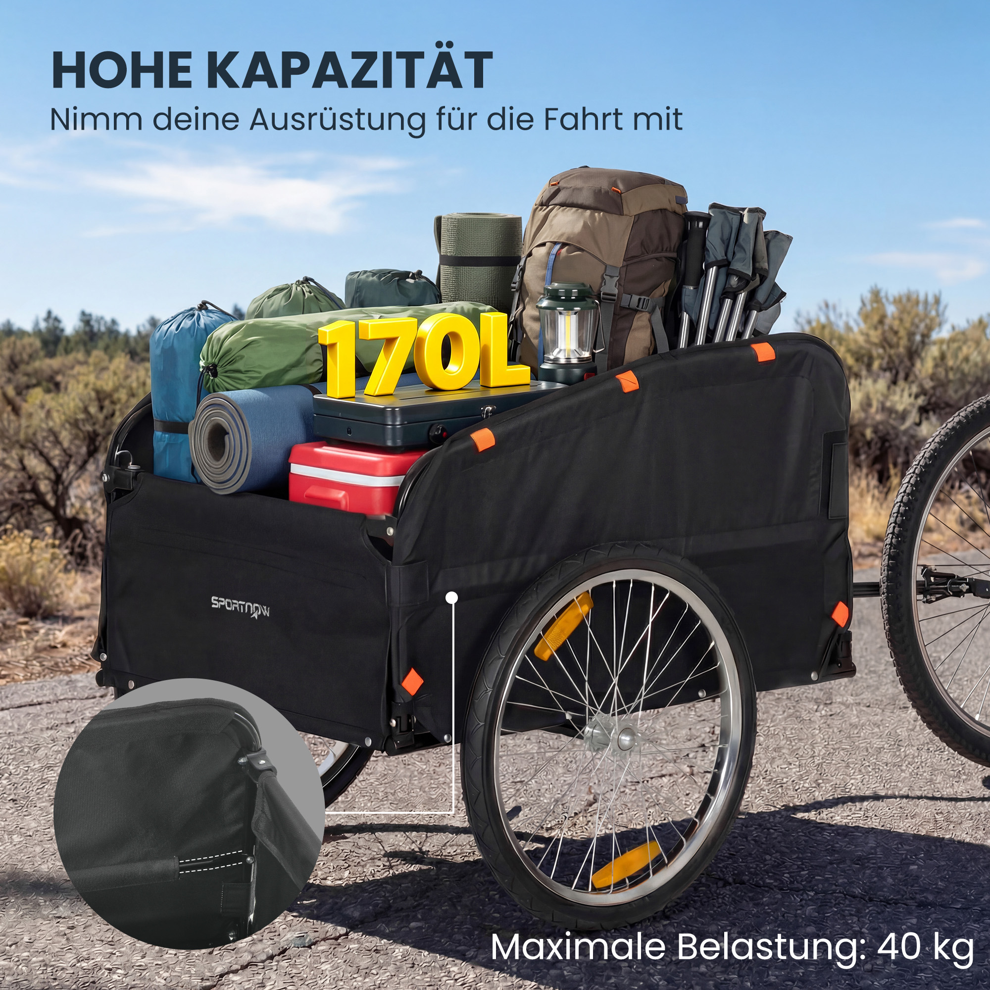 Pyörän tavarankuljetuskärry, 170 l, musta/punainen, 40 kg - Image 4