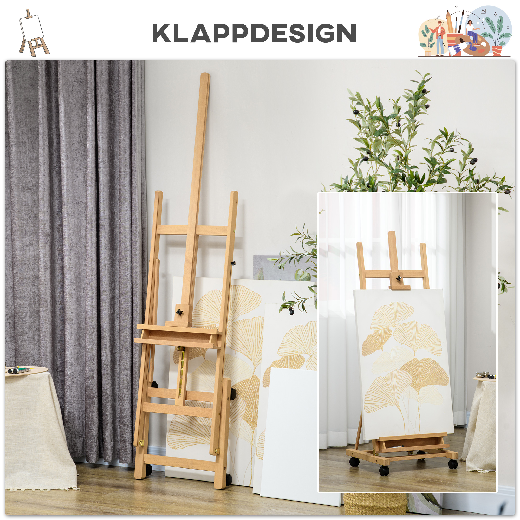 Säädettävä taiteilijanalusta 4 pyörällä, luonnonpuun värinen, 178-238 cm - Image 7