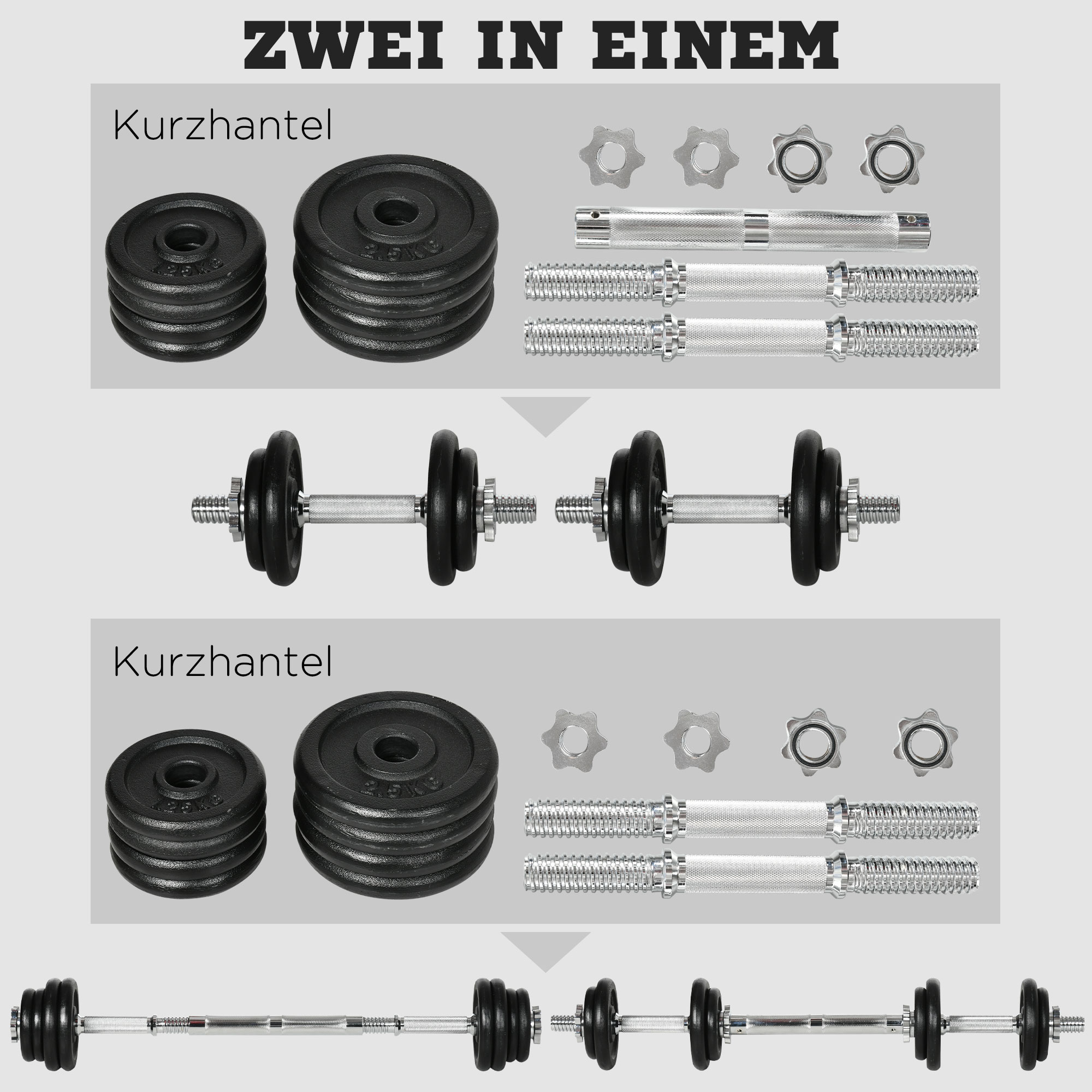 2-in-1 hanteļu un stieņa komplekts, 20 kg, melns, dzelzs, 95 x 16 x 16 cm - Image 4