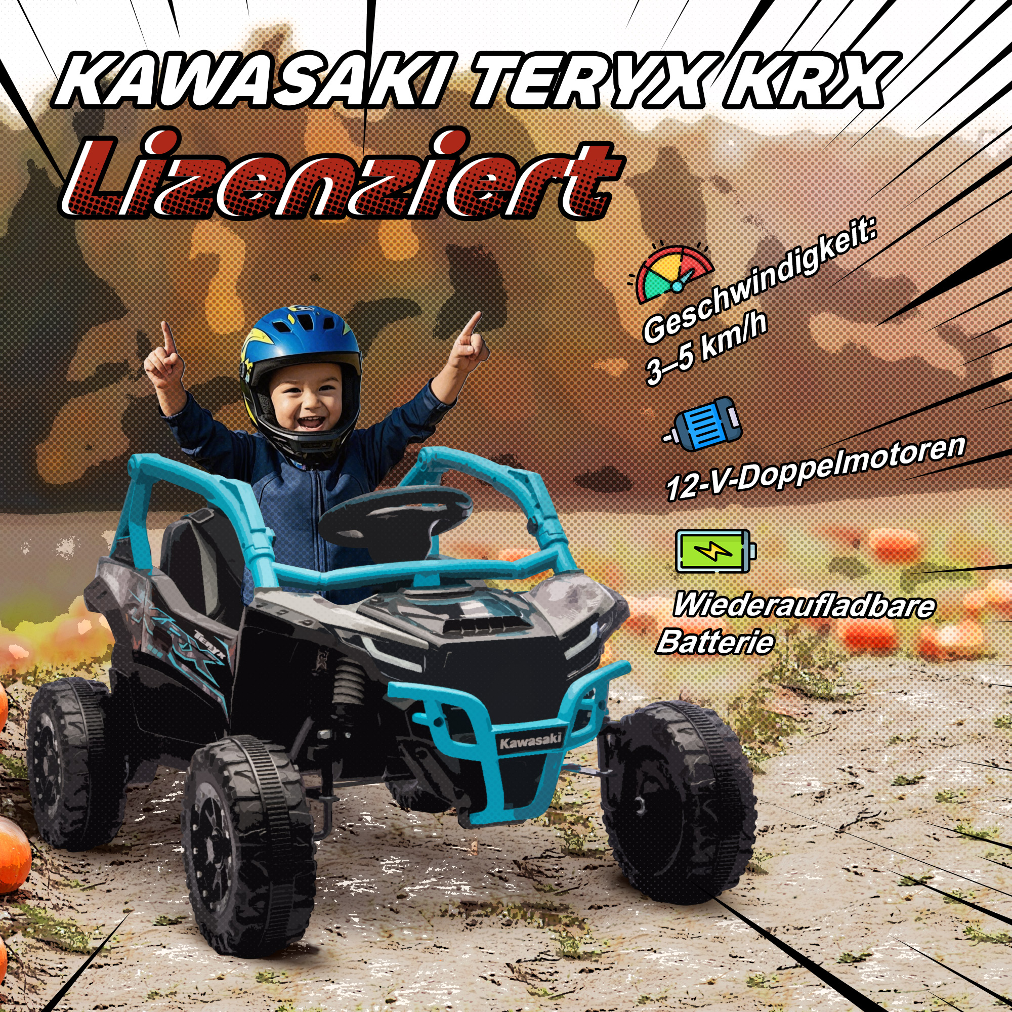 Vaikiškas elektrinis UTV KAWASAKI TERYX KRX 1000, 12V, mėlyna, 100 x 64 x 56 cm - Image 4