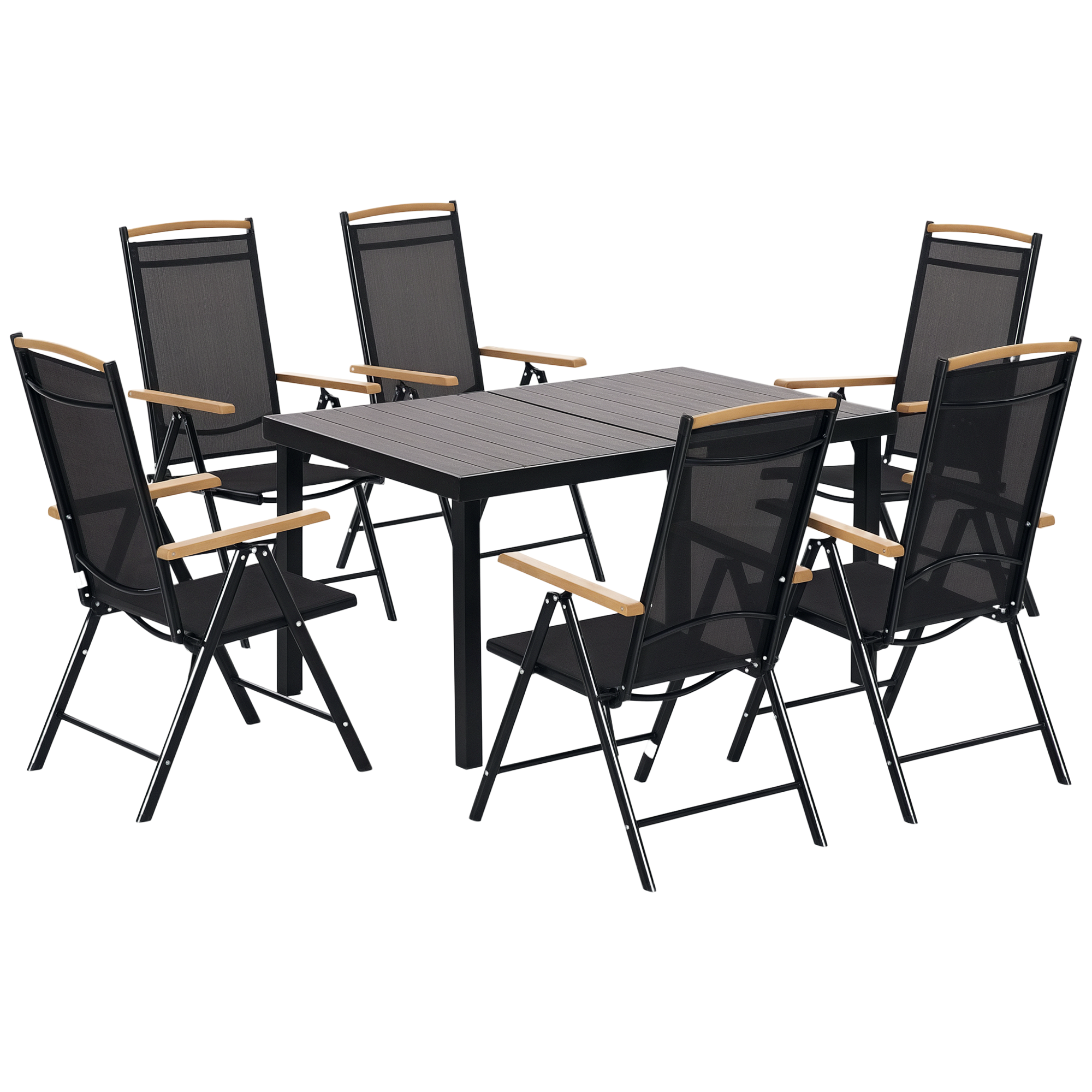 Taitettava puutarhan ruokailuryhmä 6 hengelle, musta, alumiini, 1 pöytä + 6 tuolia