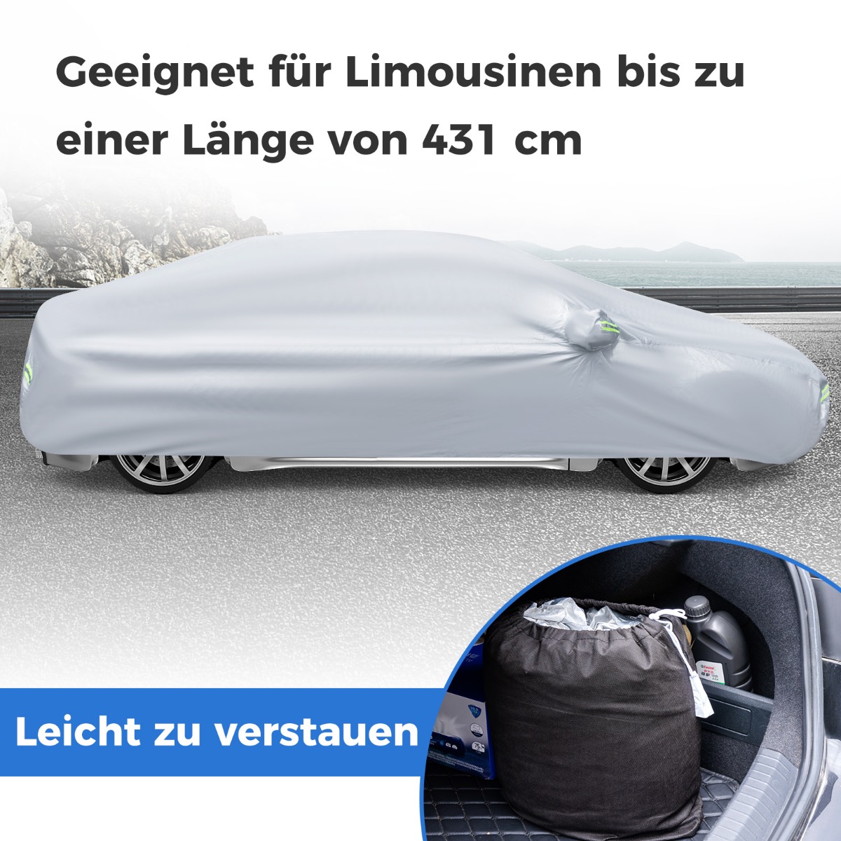 Auton suojapeite vetoketjulla ja taskulla 440x170x115cm hopea