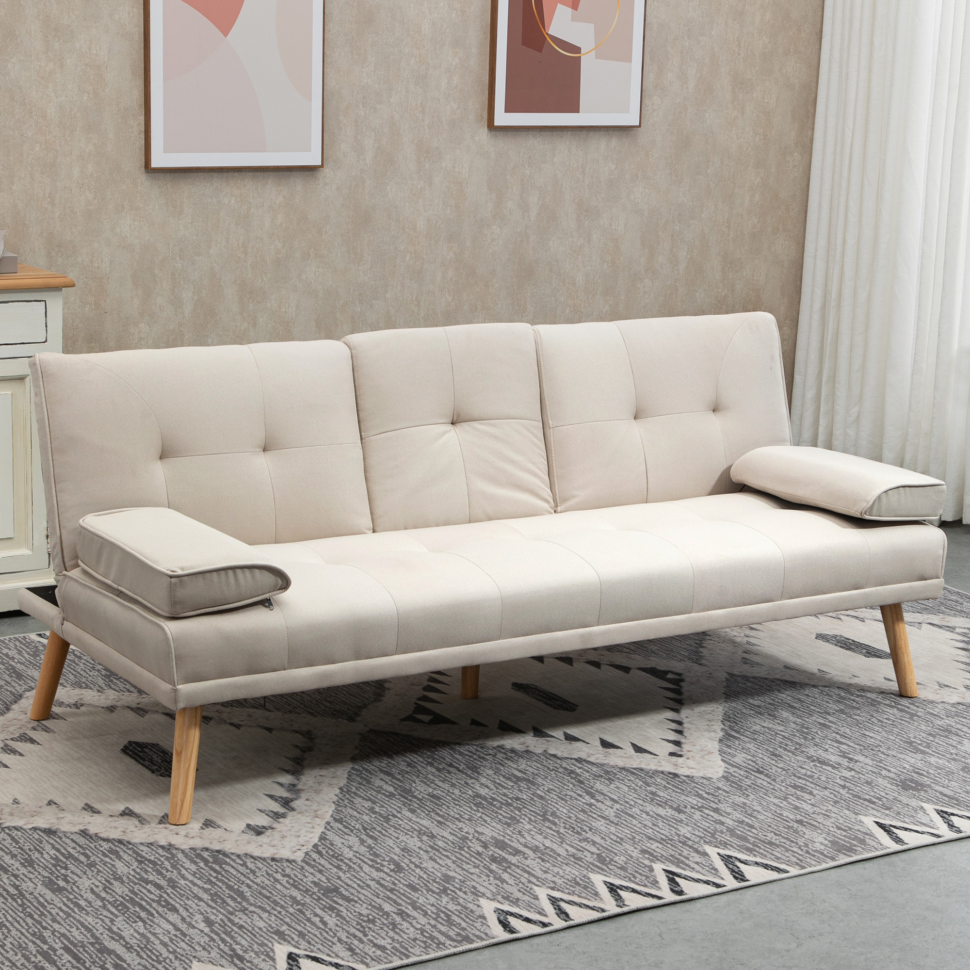 Miegamoji sofa 3 vietų, atlošas su 3 padėtimis, atlenkiamu staliuku, smėlio spalvos, 181 x 77 x 78 cm - Image 2