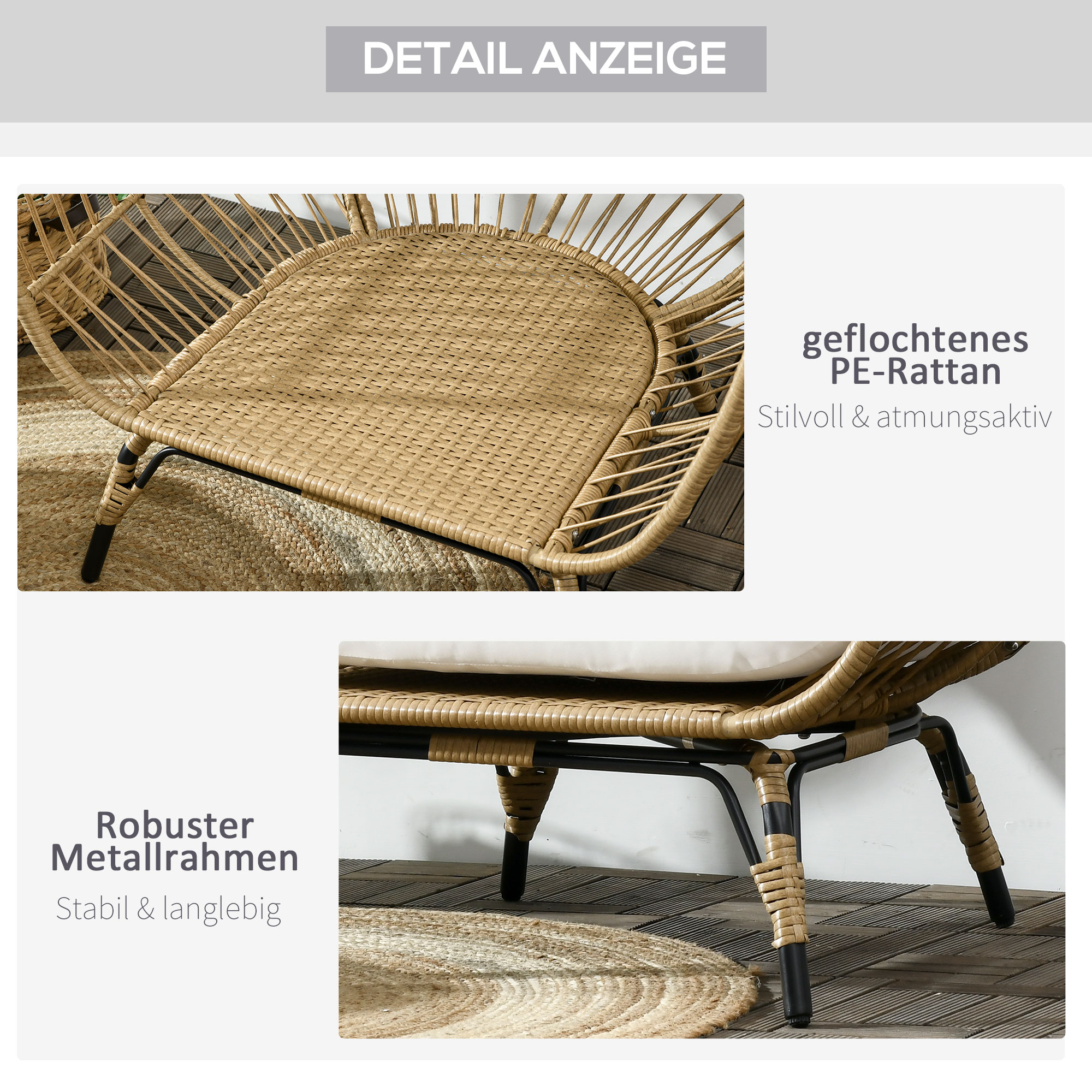 Kabantis kiaušinio formos krėslas iš ratano imitacijos, khaki ir beige, 105 x 90 x 148 cm - Image 7