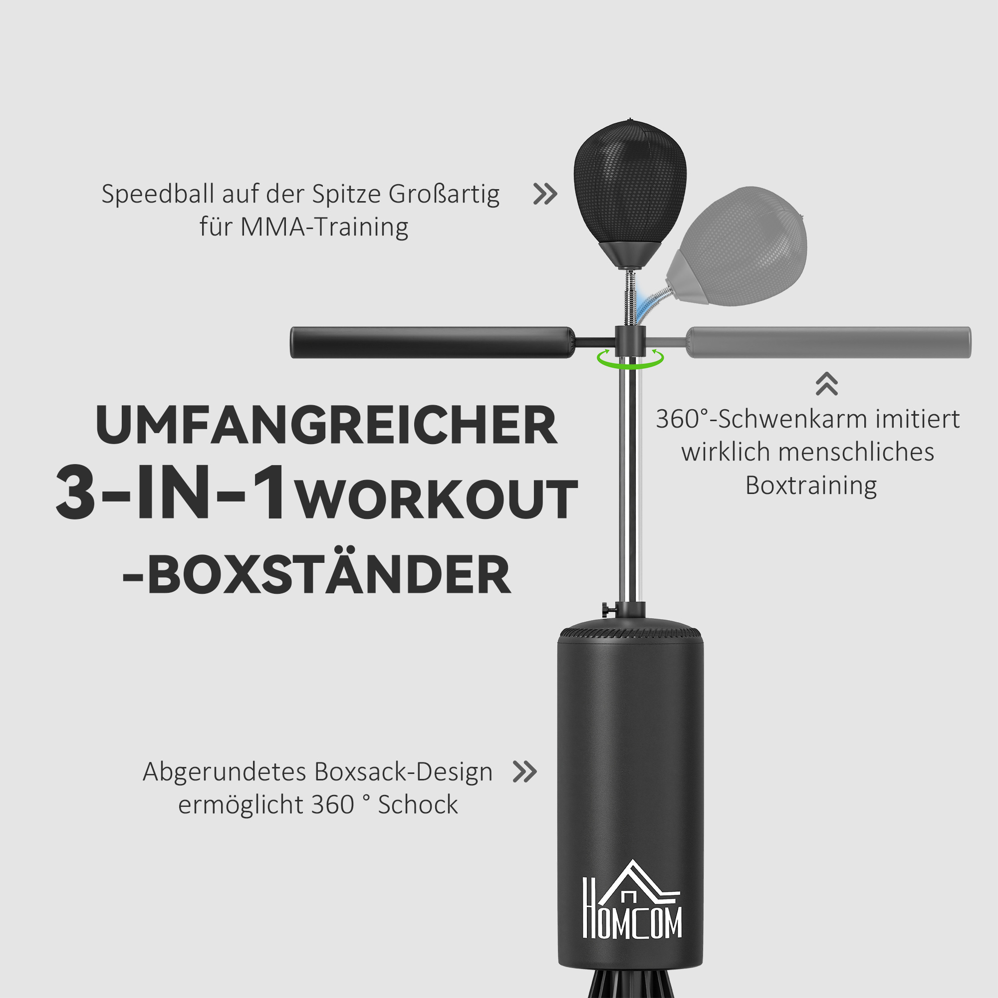 Stovimas bokso maišas su speedball ir reakcijos strypu, reguliuojamas aukštis 155-205 cm, juodas - Image 4