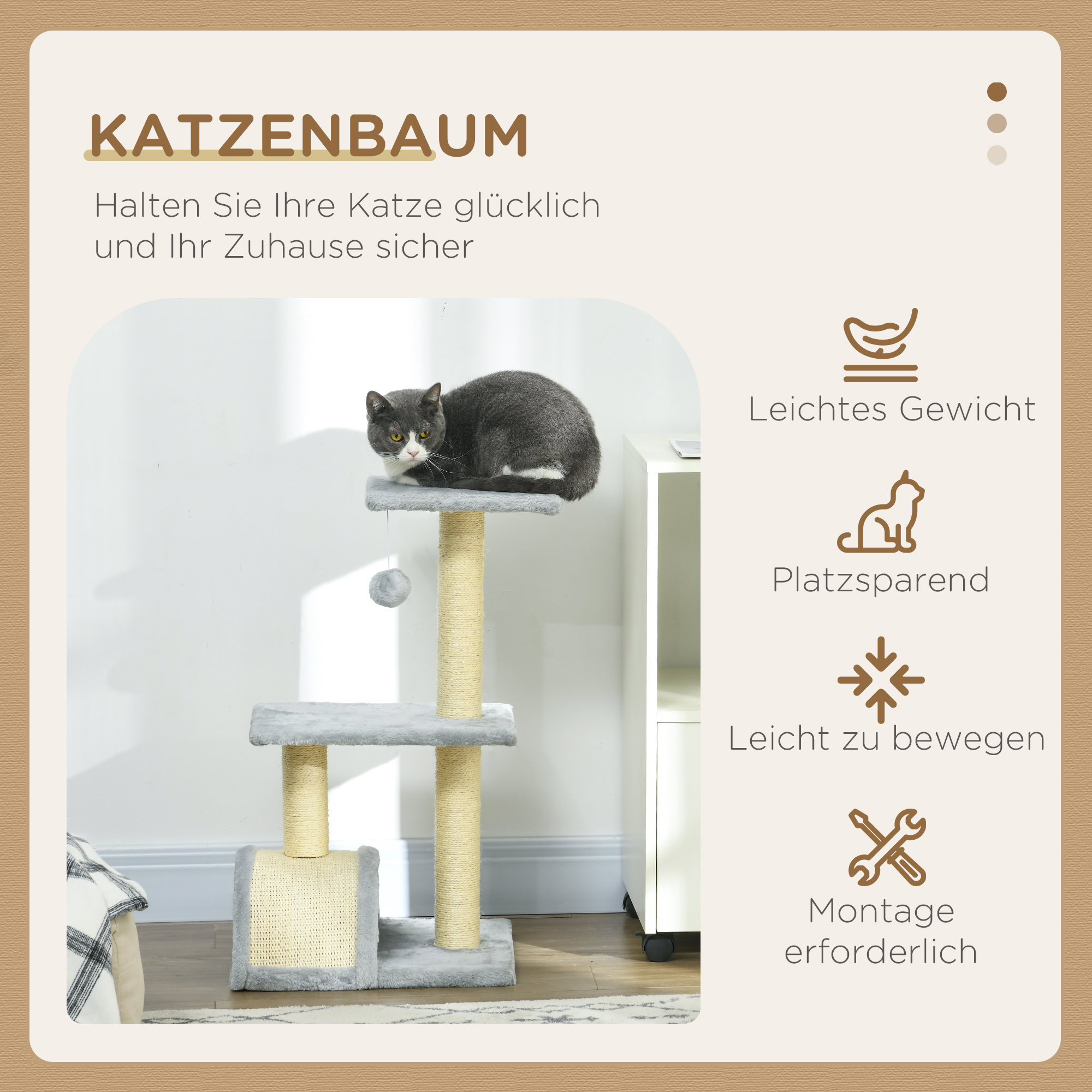 Kissan kiipeilypuu 72 cm, vaaleanharmaa, MDF, sisal - Image 4