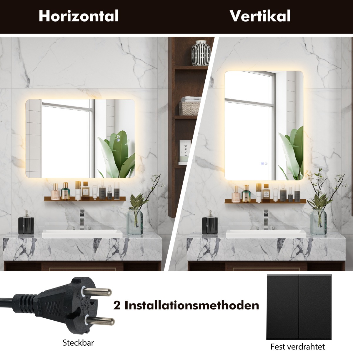 70x50cm LED Vonios Veidrodis su Reguliuojamu Ryškumą ir 3 Spalvomis - Image 2