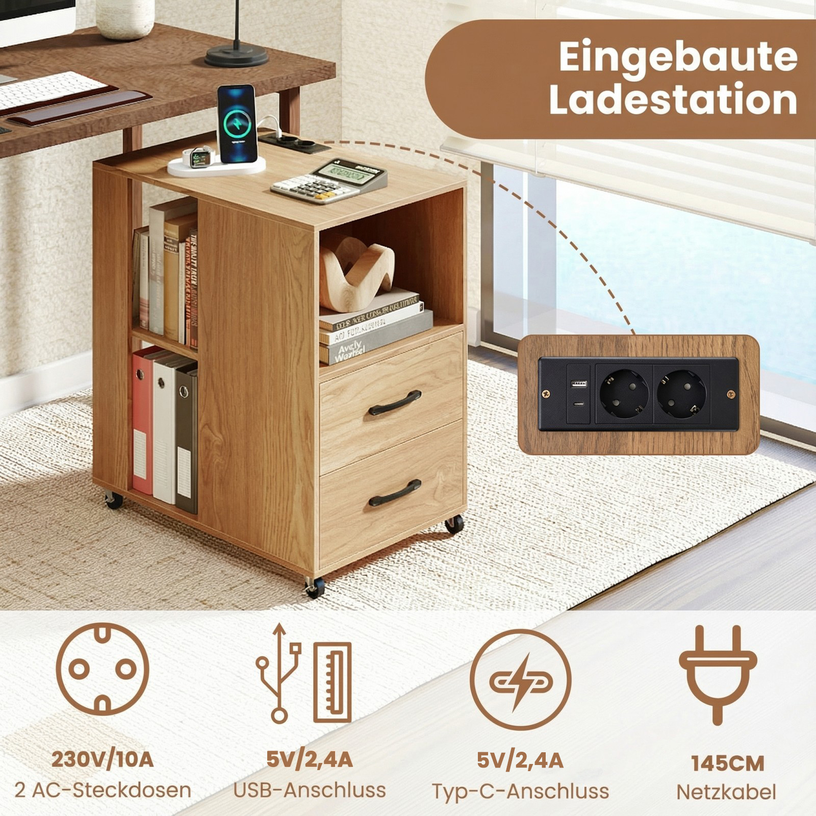 2 ratukų šoninių stalelių rinkinys su įkrovimo stotele - Image 2