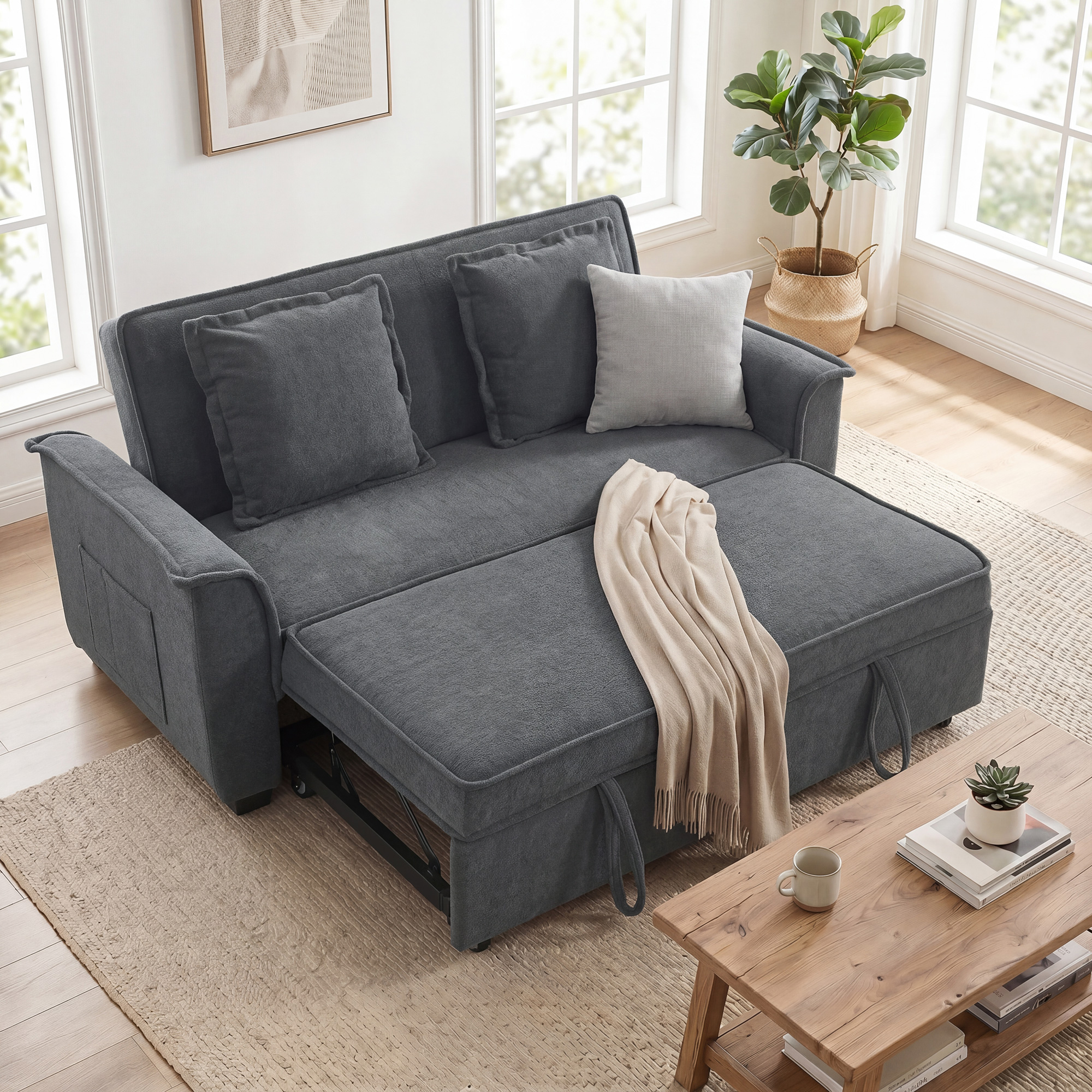 Futono miegamoji sofa, reguliuojama atlošo dalis, 2 vietų, 2 pagalvės, tamsiai pilka - Image 2