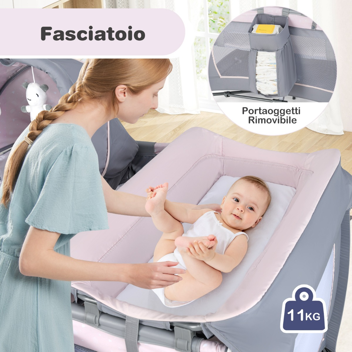 Pārvietojams bērnu rotaļu laukums ar šūpuļkrēsli un pārtinamā galdu, rozā - Image 4