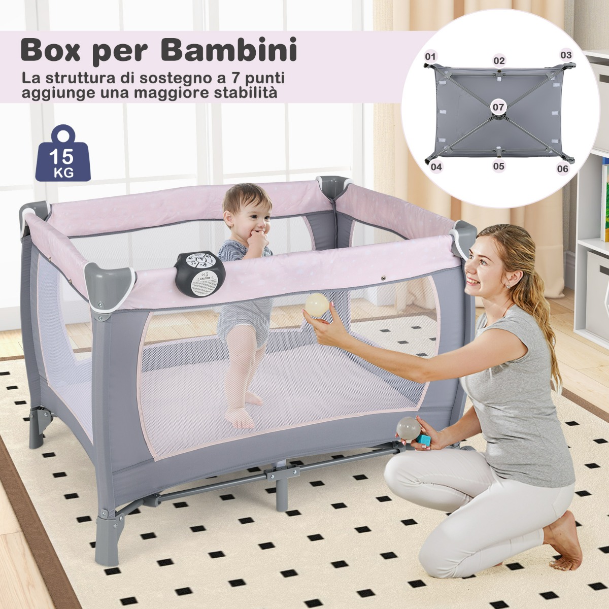 Pārvietojams bērnu rotaļu laukums ar šūpuļkrēsli un pārtinamā galdu, rozā - Image 7