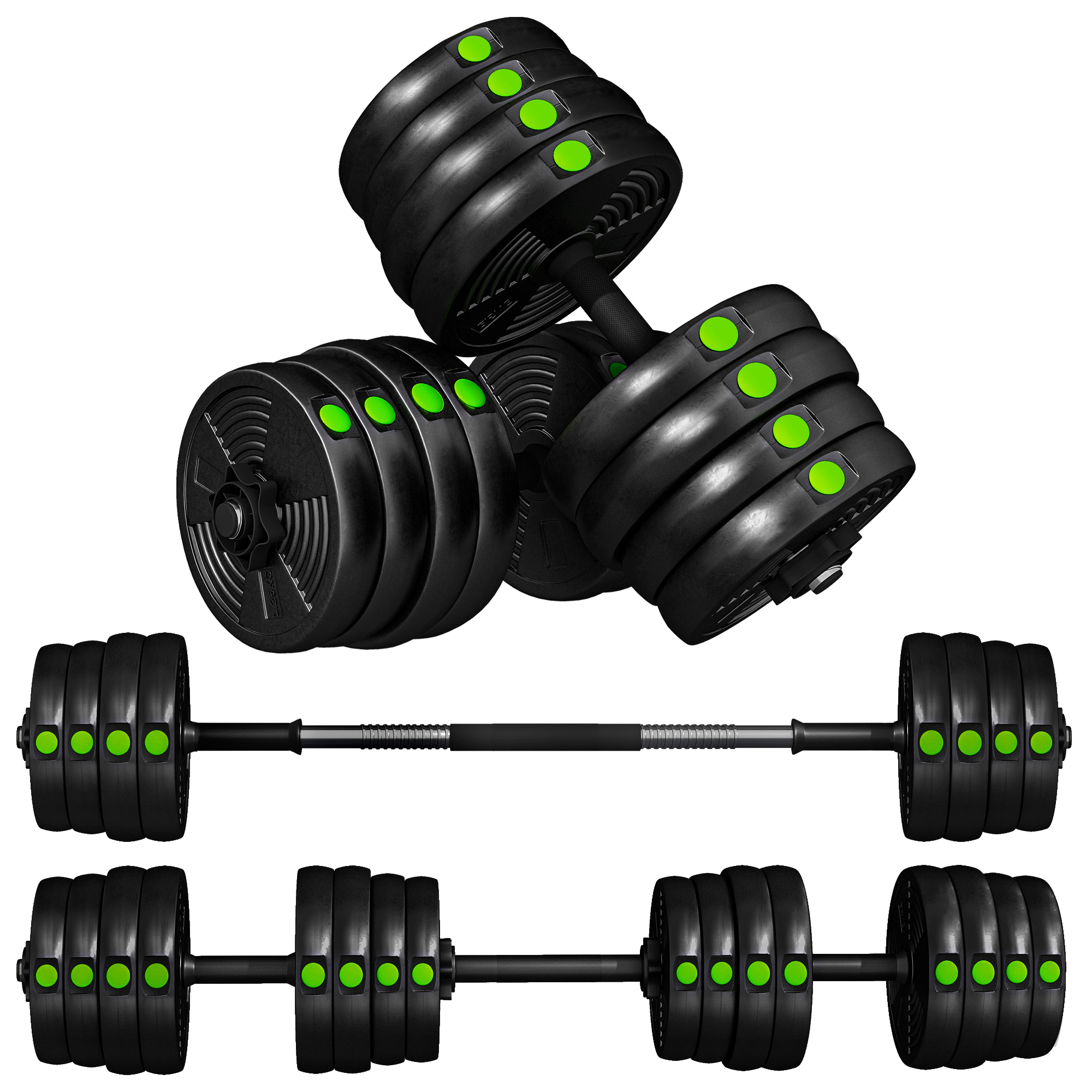 Reguleeritav hantlite ja kangi komplekt 2-in-1, 30 kg, must/roheline