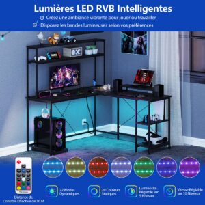 L formos žaidimų stalas su LED ir įkrovimo stotele, juodas