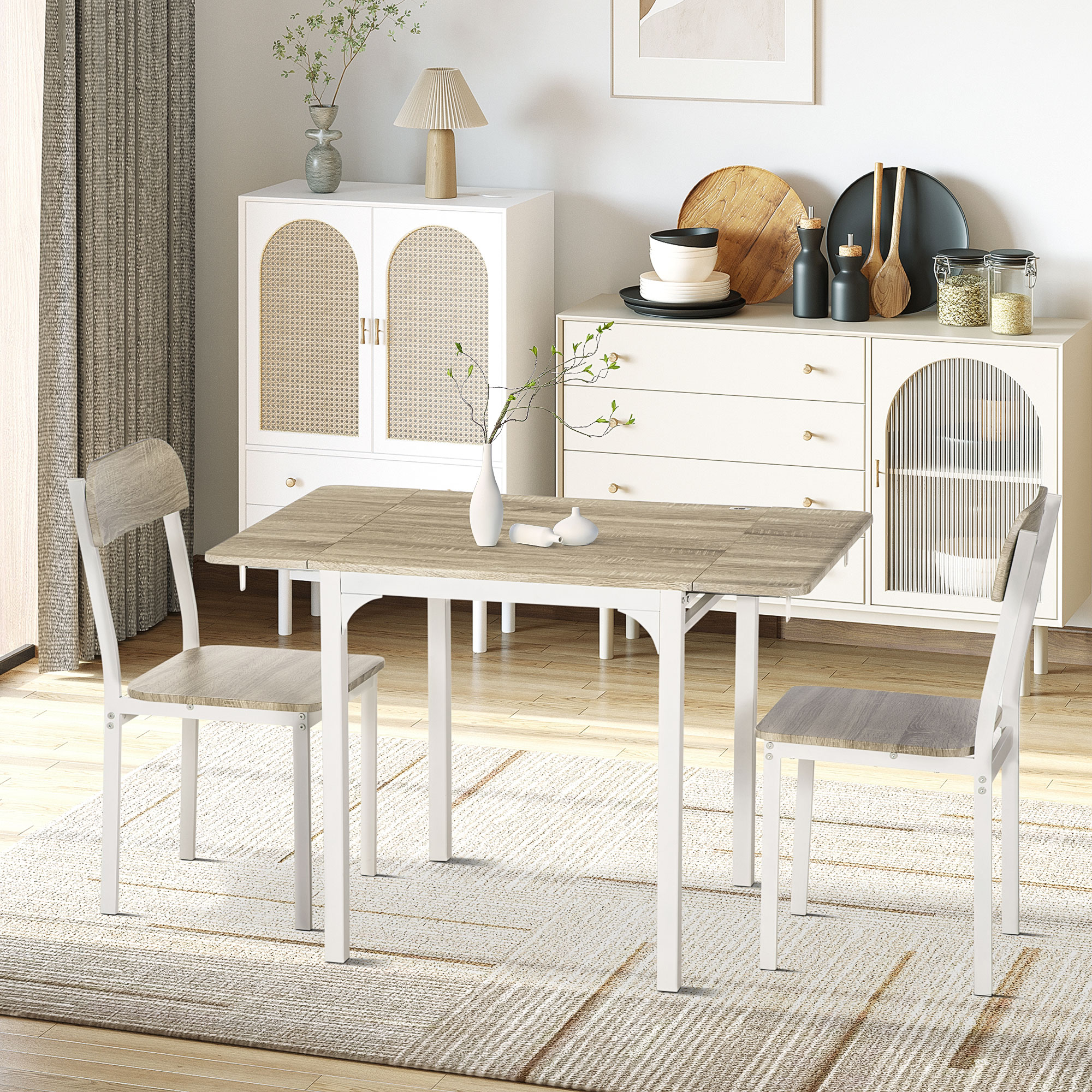 3 dalių sulankstomas valgomojo komplektas, stalas su 2 kėdėmis, 110 x 70 x 75 cm, balta + natūrali - Image 2