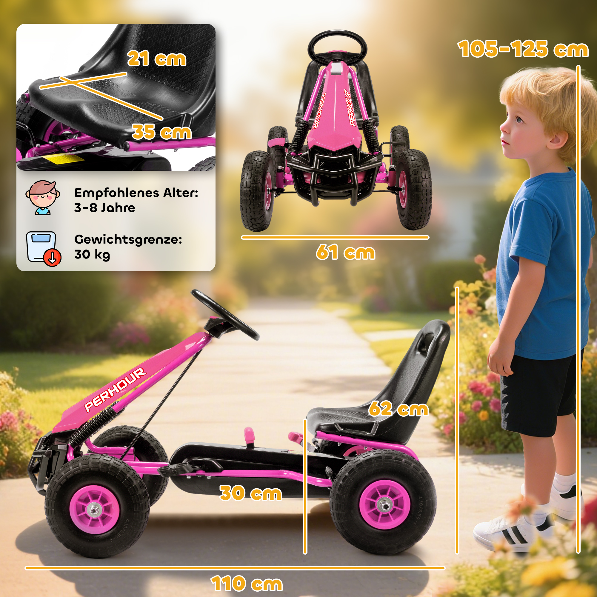 Poljettava gokart lapsille, säädettävä istuin, EVA-renkaat, pinkki, 110 x 61 x 62 cm - Image 3