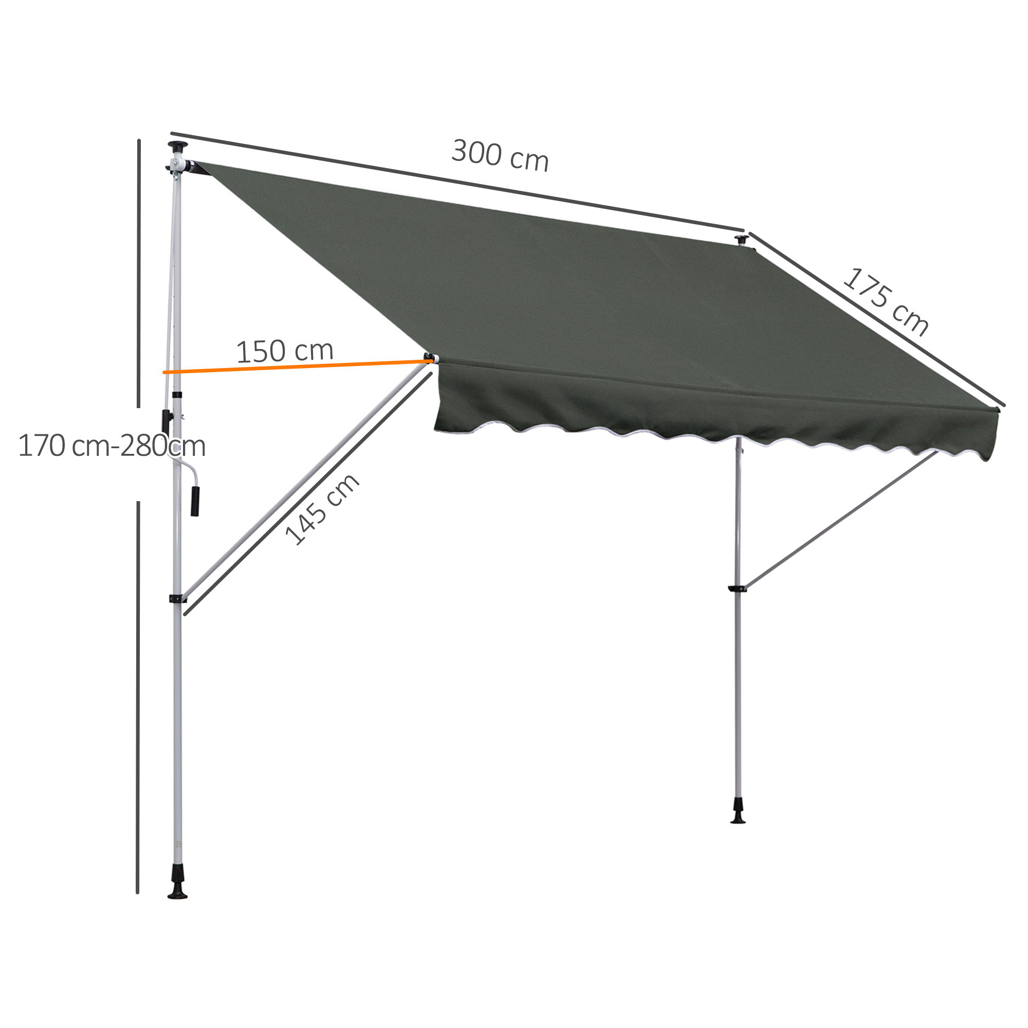 Kiinnitysmarkiisi käsikammella, harmaa, 300 x 150 cm - Image 3