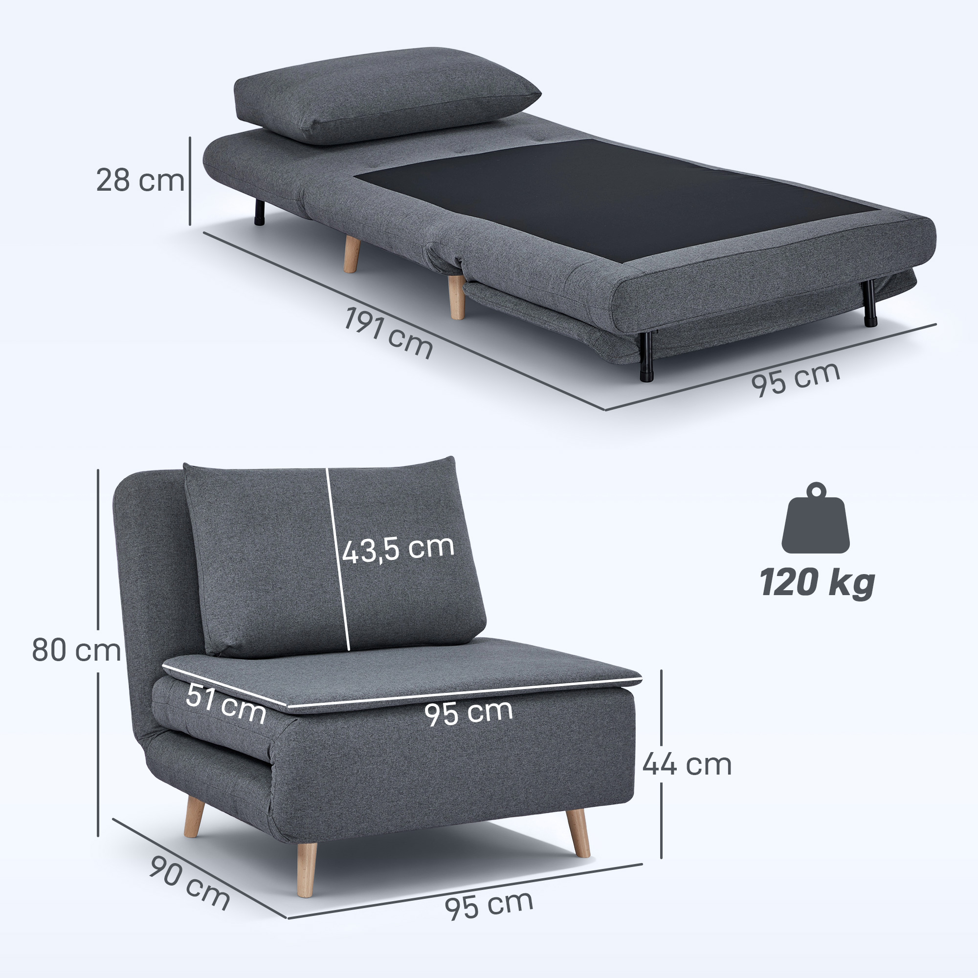 3-in-1 diivanvoodi tool, lamamistool, reguleeritav seljatugi, pöögipuidust jalad, hall - Image 3