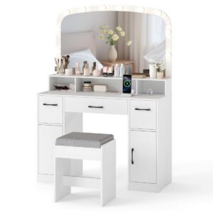 Kosmetinis staliukas su veidrodžiu ir apšvietimu 108cm, 3 stalčiai, baltas