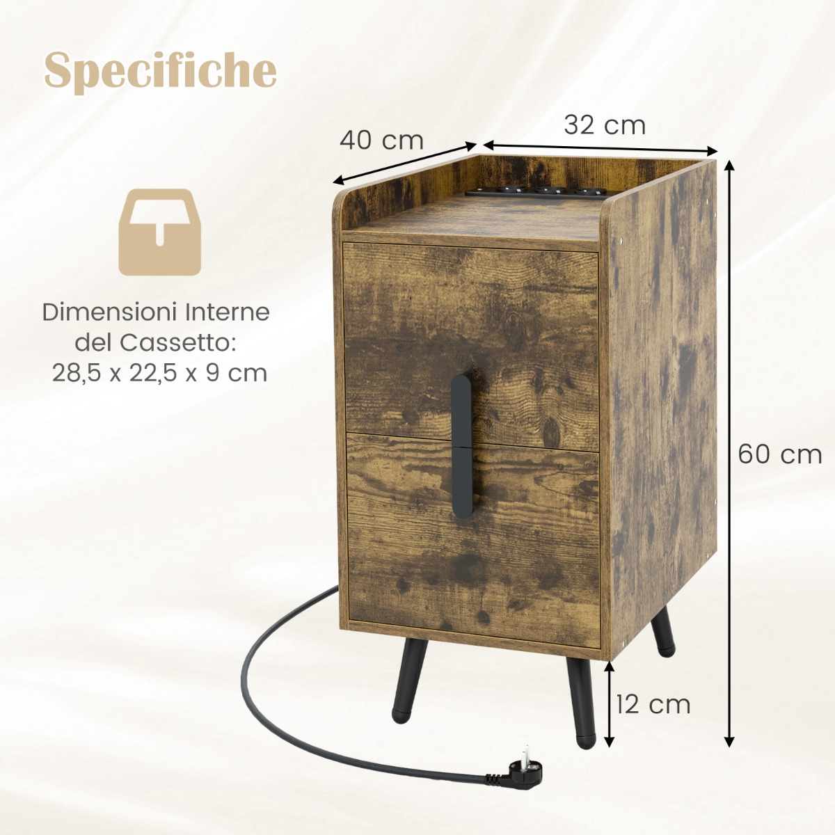 Naktsgaldi ar uzlādes staciju, šaurs naktsgaldi ar 2 atvilktnēm un USB portiem, 40 x 32 x 60 cm, rustikāla brūna - Image 2
