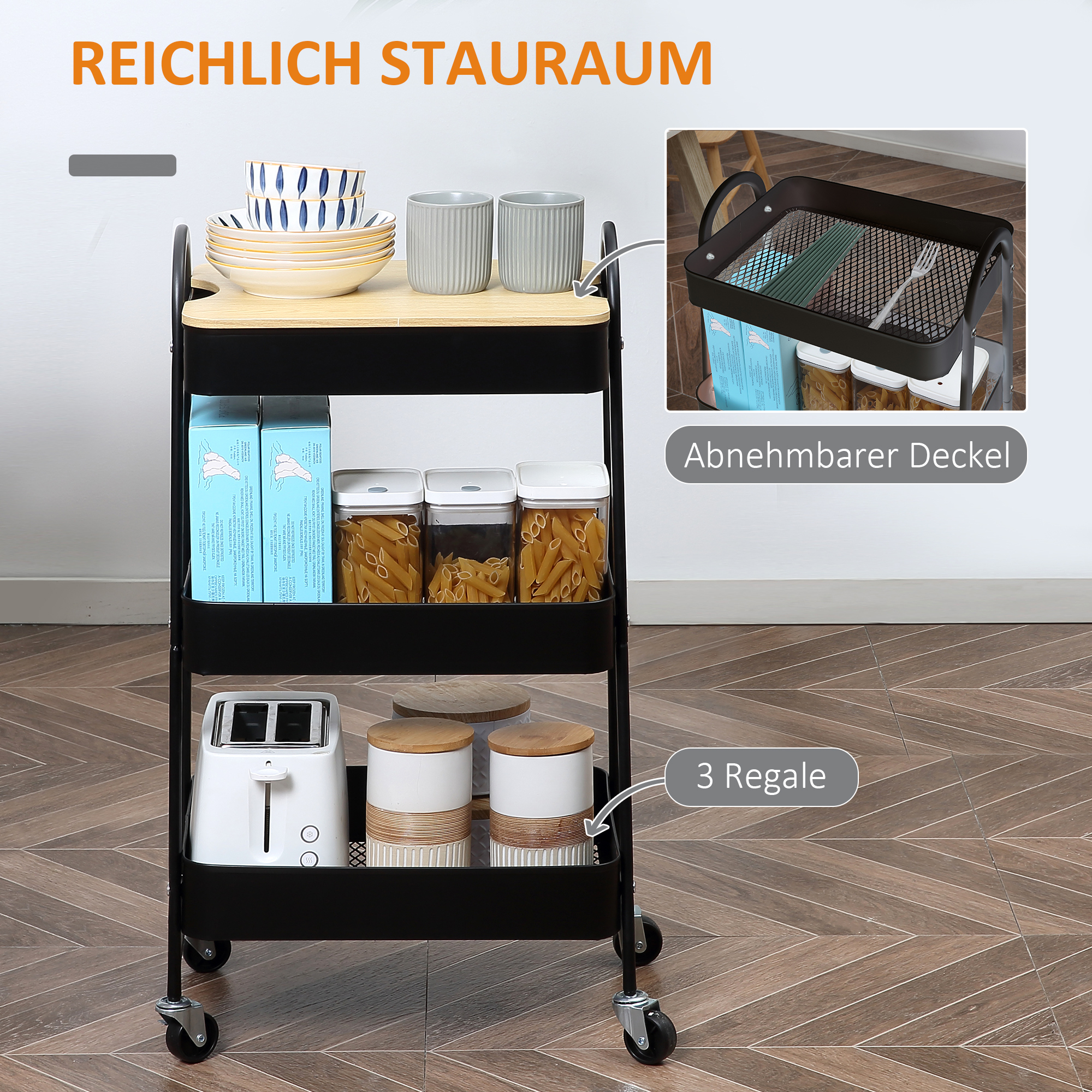Servēšanas ratiņi ar 3 grozu plauktiem, metāls, plastmasa, melni, 45 x 31 x 79,4 cm - Image 4
