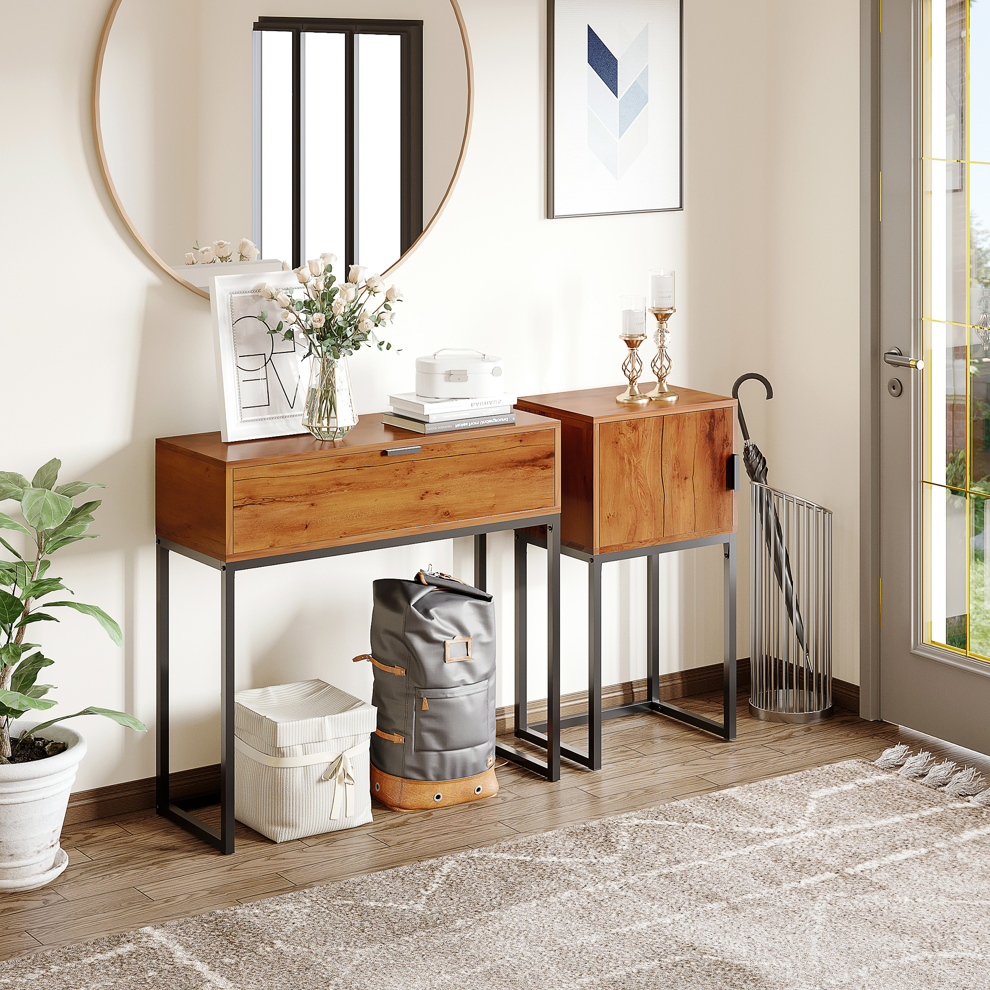Teollista designia oleva konsolipöytä, luonnonpuun värinen, musta, 40 x 30 x 76 cm - Image 2