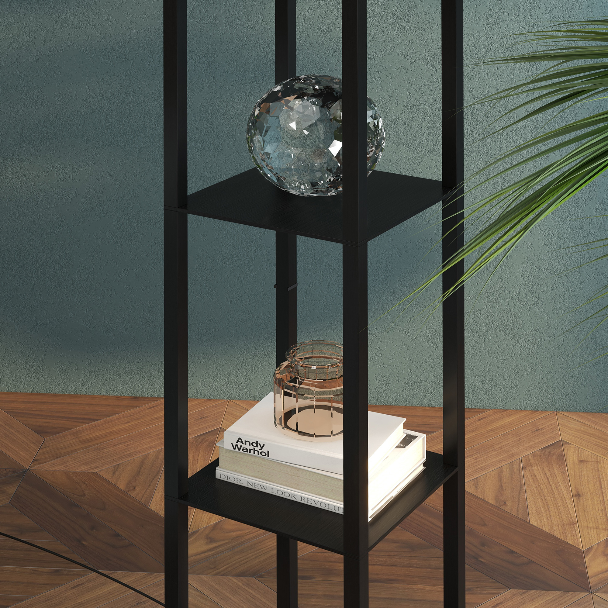 Pastatoma lempa su lentynomis, juoda ir balta, MDF, 26 x 26 x 160 cm - Image 9
