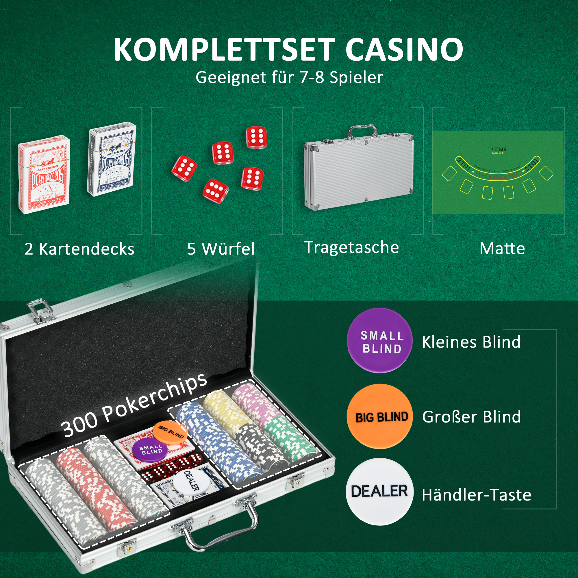 Pokerisetti 300 pelimerkkiä, 2 korttipakkaa, 5 noppaa, hopea - Image 4