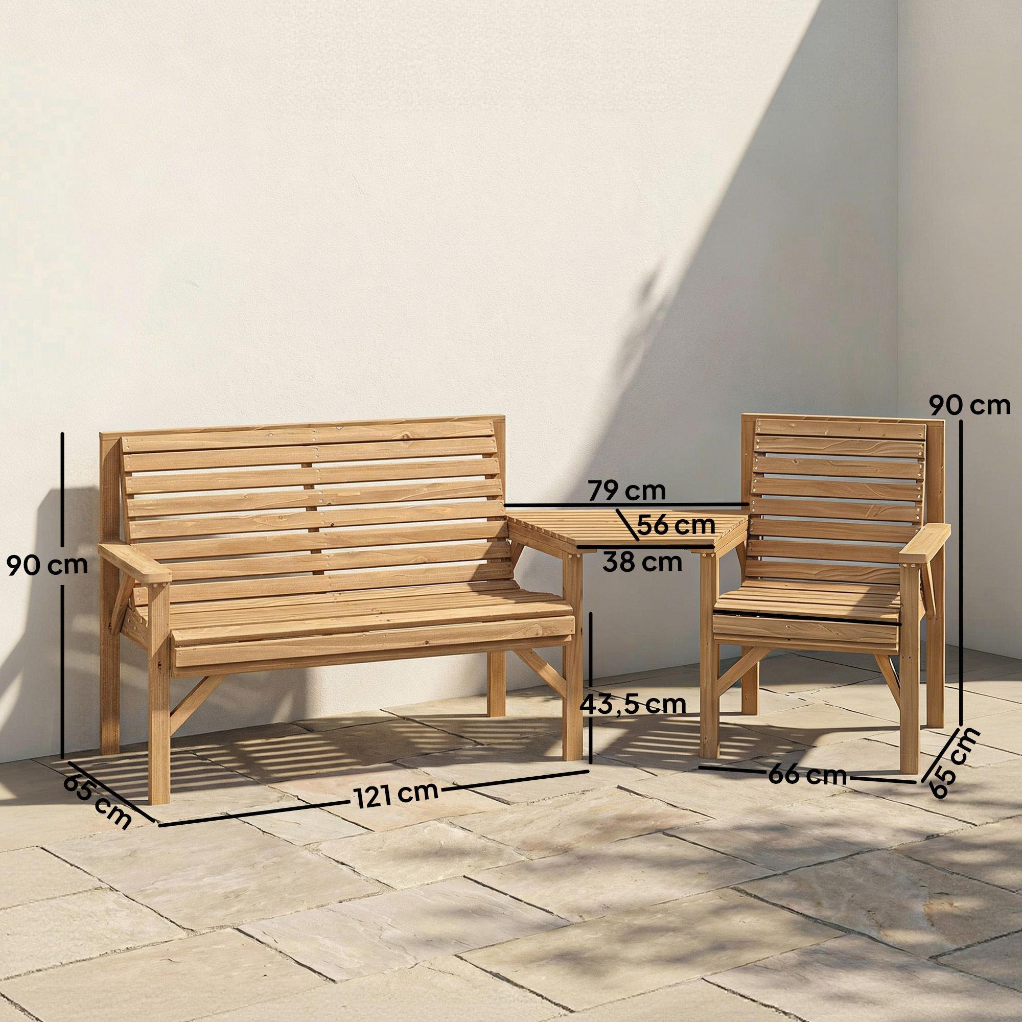 Puunen puutarhakalustesetti, 3-osainen, luonnonpuun värinen, 121 x 65 x 90 cm - Image 3