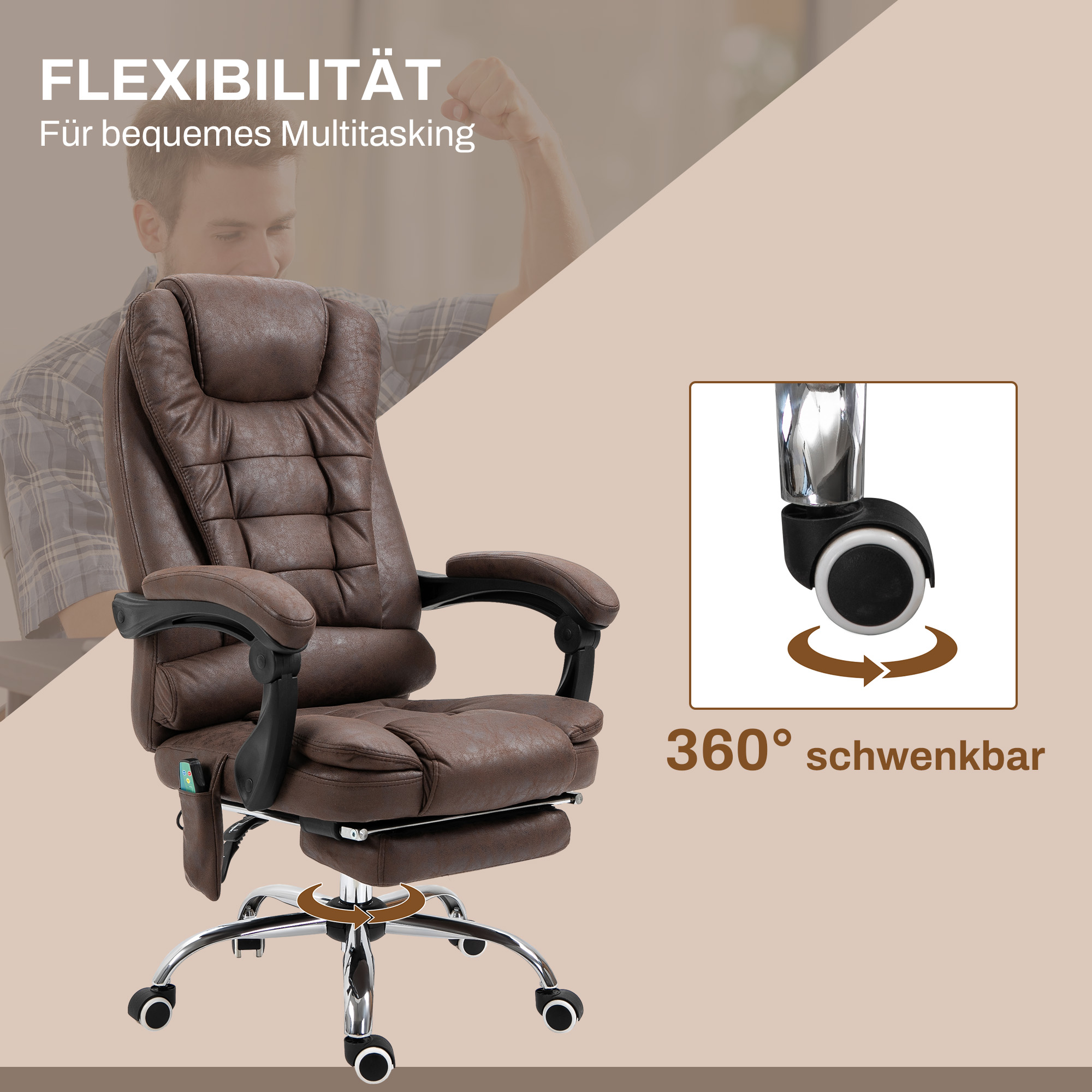 Masažinė biuro kėdė su gulėjimo ir šildymo funkcija, sukinėjama, ergonomiška, ruda, iki 120 kg - Image 7