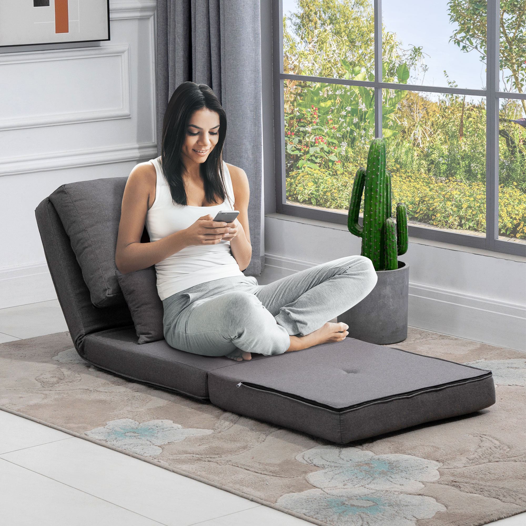 Saliekama grīdas sofa-gulta, tumši pelēka, 60 x 80 x 56 cm - Image 2