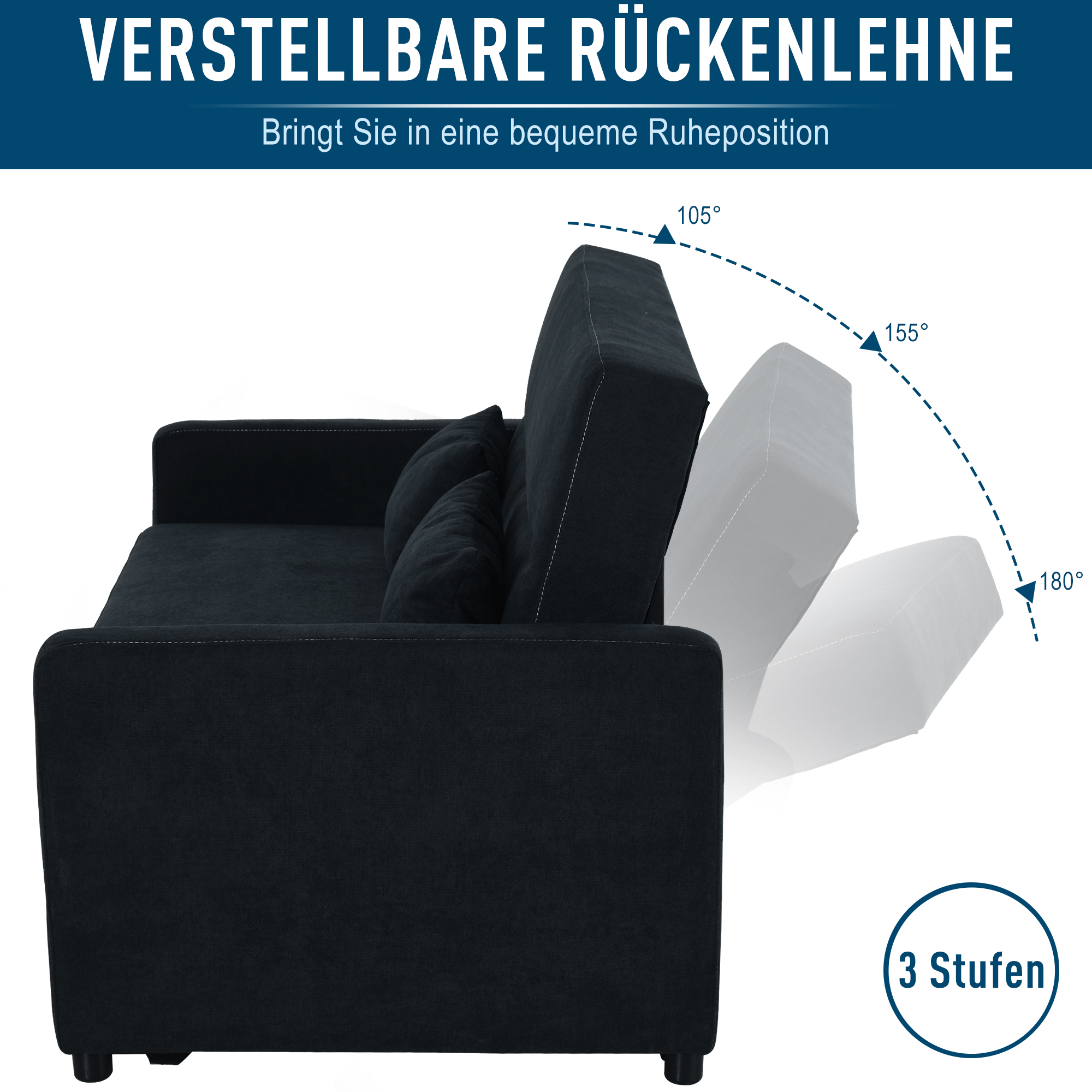 2 vietų sofa-lova su reguliuojamu atlošu, juoda, 155 x 90 x 88,5 cm - Image 6