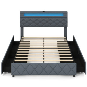 Dviejų vietų lovos rėmas su LED apšvietimu ir USB lizdais, 140x200 cm, pilkas