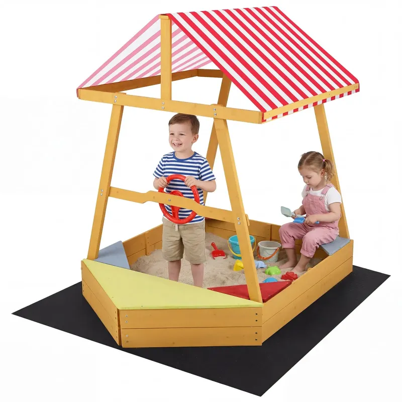 Laevakujuline puidust liivakast rooli ja varikatusega, kollane, 103 x 135 x 140 cm