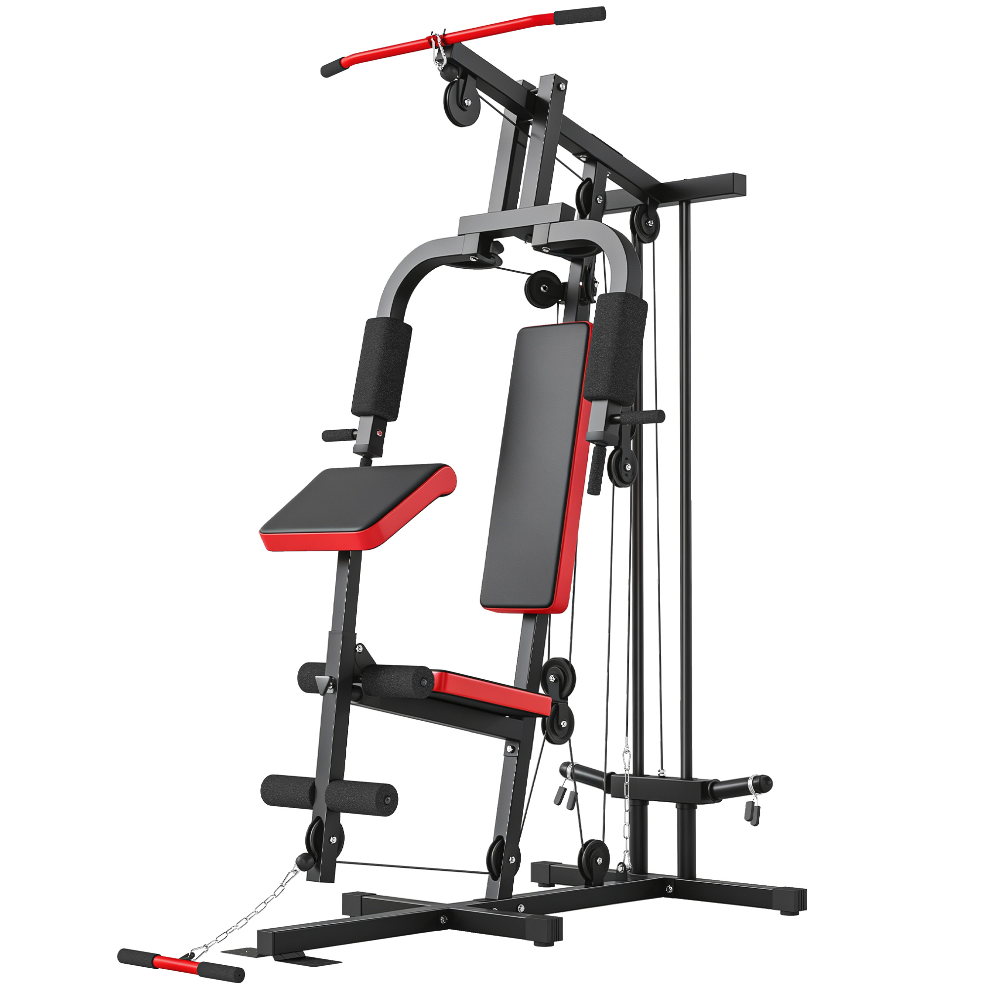 Kraftstation fitnessjaam latitõmbega, butterfly-kangiga, reguleeritava preacher-padjaga, jalatreeneriga, must+punane, kuni 120 kg