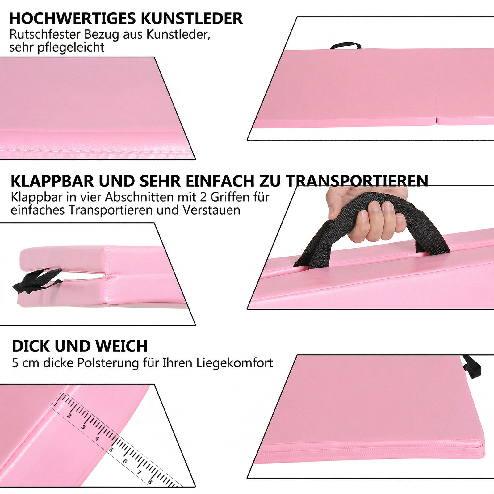 Sulankstoma treniruočių kilimėlis su rankenomis, 180 x 60 x 5 cm, rožinė - Image 6