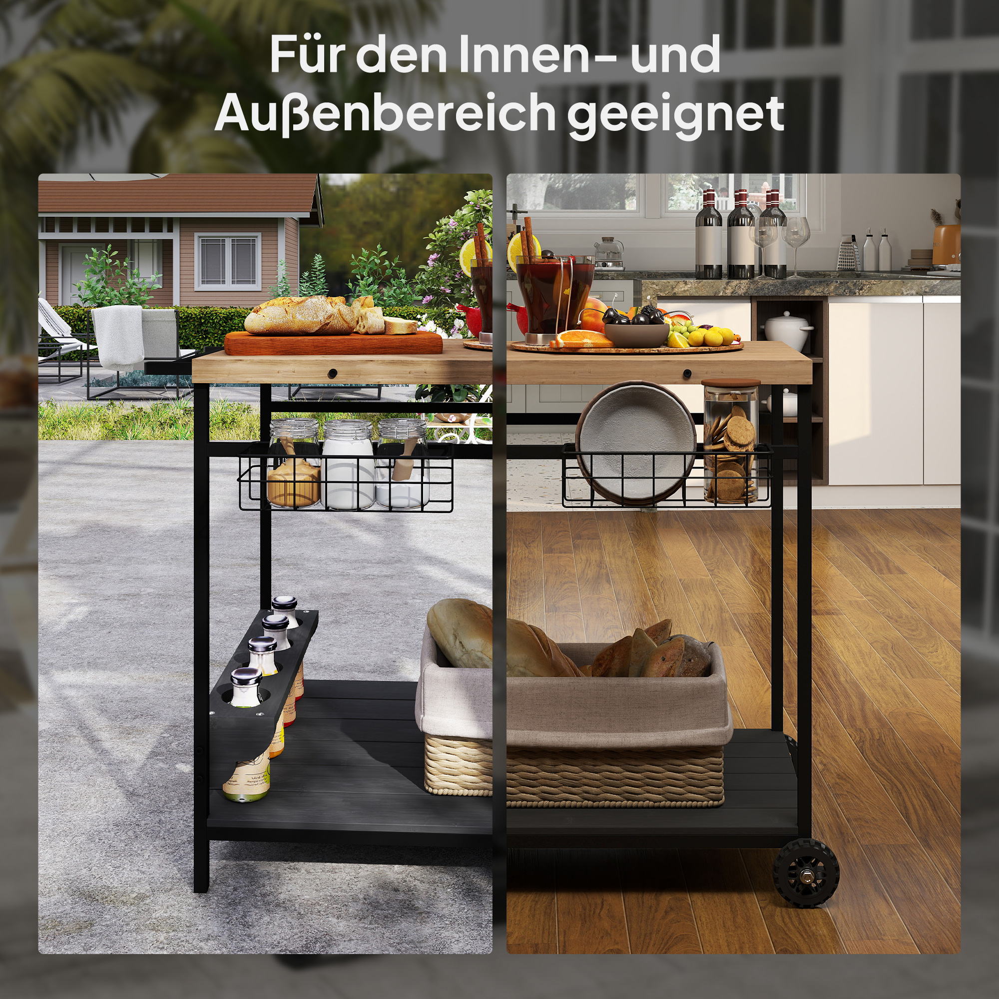 Servavimo vežimėlis, virtuvės vežimėlis, 2 lentynos, 4 butelių laikikliai, vidaus ir lauko, natūralus / juodas - Image 7
