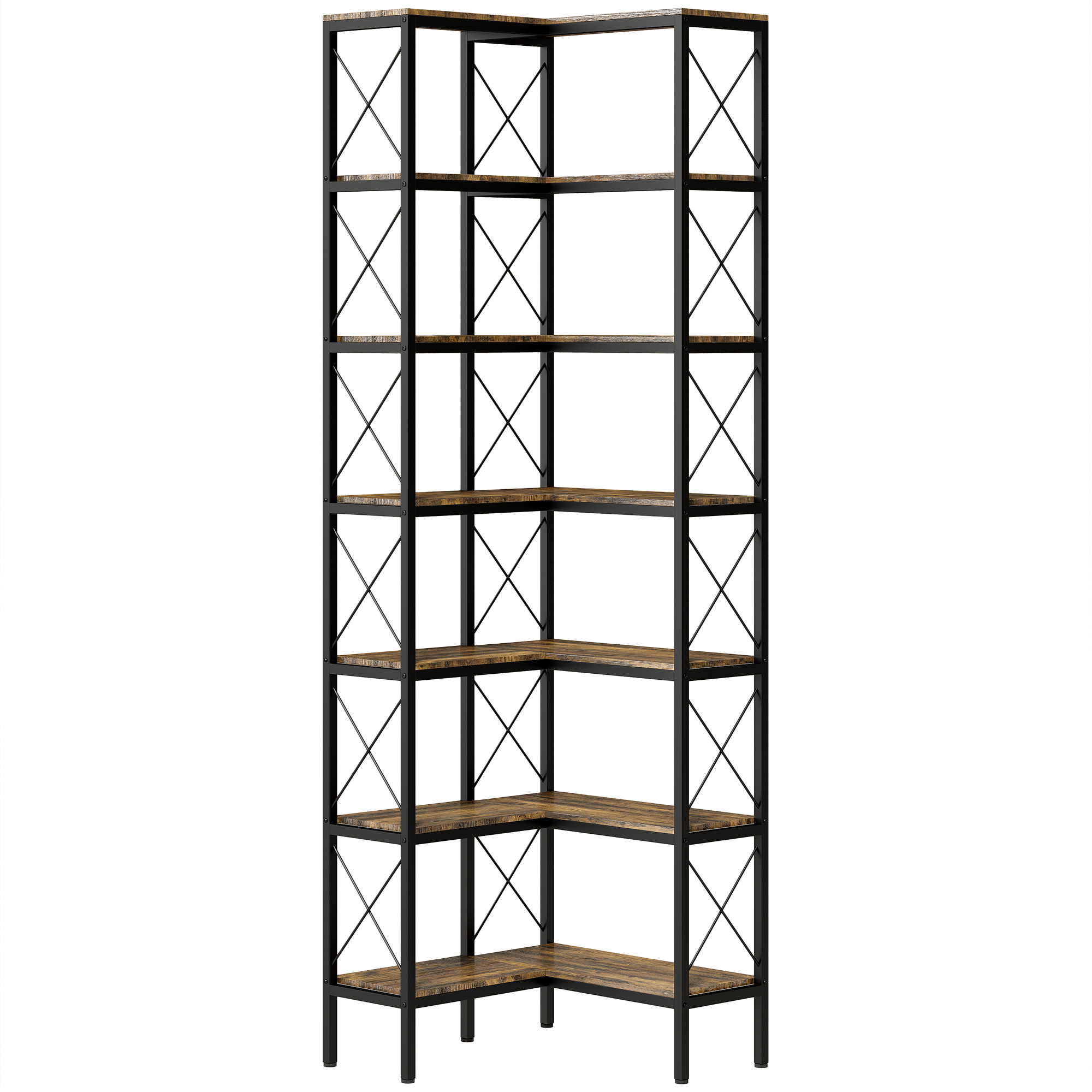 L-muotoinen kirjahylly, 6 tasoa, metallirungolla, rustiikkinen ruskea, 60 x 60 x 200 cm