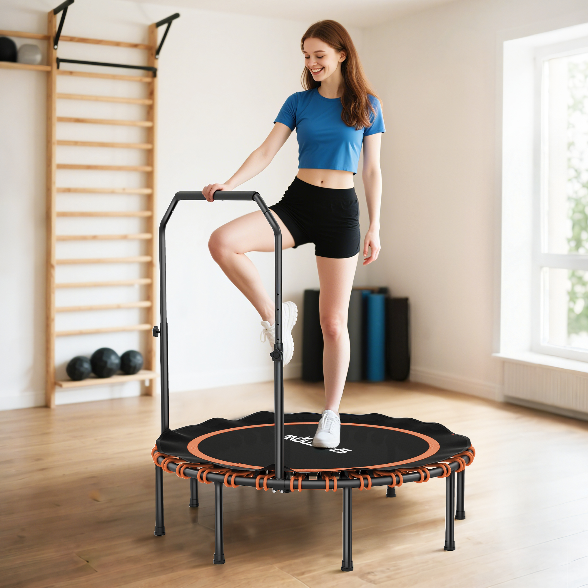 Fitness-trampoliini säädettävällä käsikaarella, oranssi, Ø122 cm - Image 2