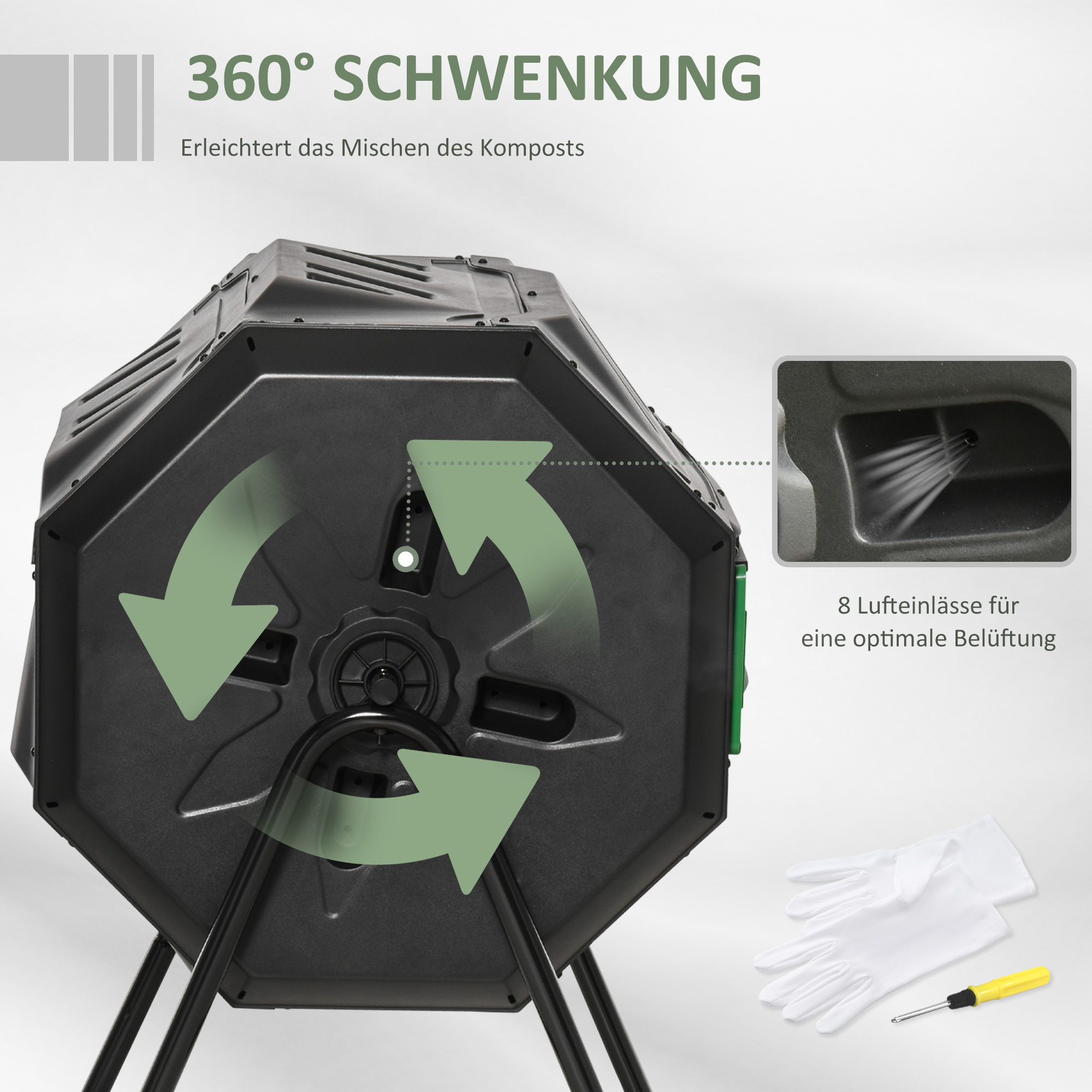 Komposta tvertne ar 2 kamerām, 160 l, grozāma, 71 x 65 x 96 cm, melna - Image 5