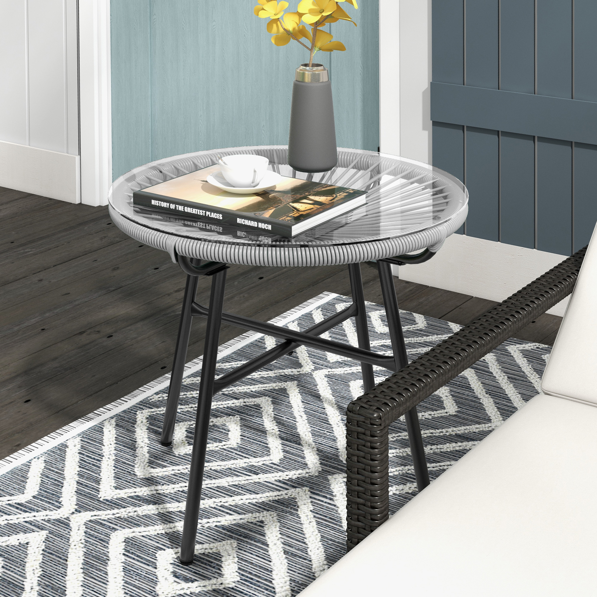 Lauko šoninis staliukas boho stiliaus, PE rotangas, grūdintas stiklas, pilkas, 50 x 50 x 50 cm - Image 2