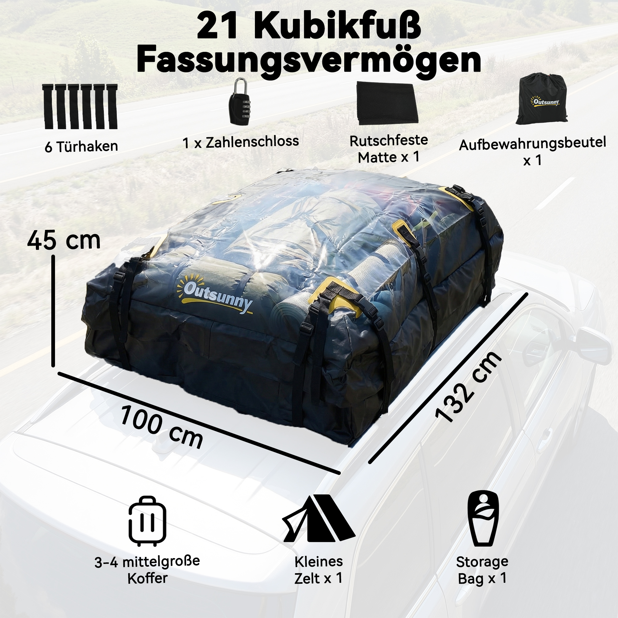 Auton kattokuljetuslaukku, 594,3 l, musta/keltainen, 132 x 100 x 45 cm - Image 3
