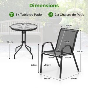 3 dalių juodas metalinis bistro komplektas su 2 sukraunamomis kėdėmis