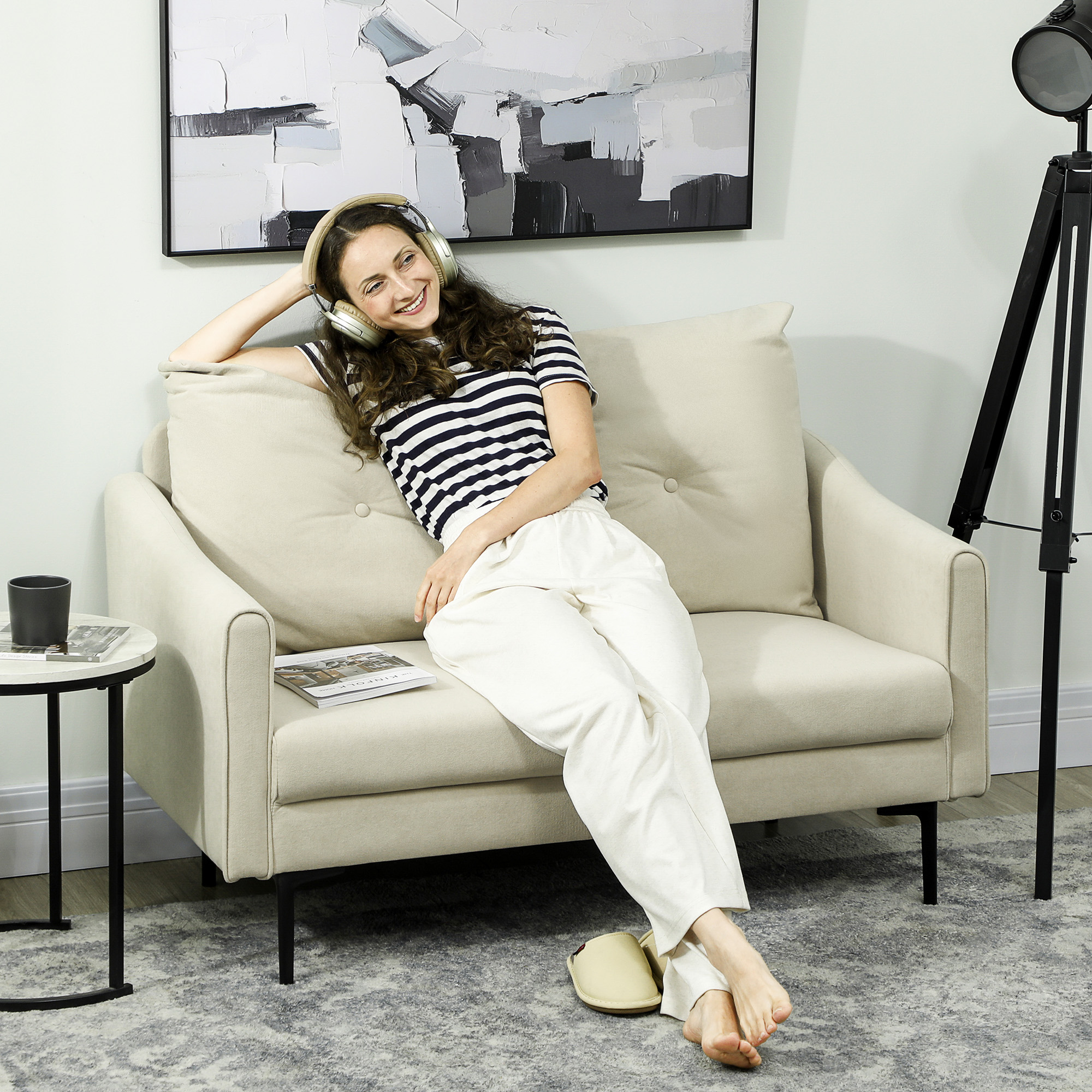 2 vietų sofa su putų paminkštinimu ir audinio apmušalu, kreminė balta, 124 x 73 x 92 cm - Image 2