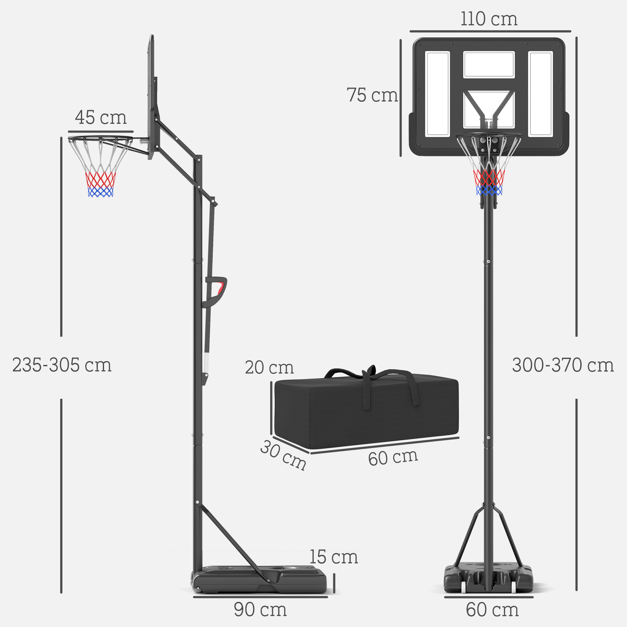 Krepšinio stovai, reguliuojamas krepšio aukštis 235-305 cm, užpildomas pagrindas su ratukais, juodas - Image 3