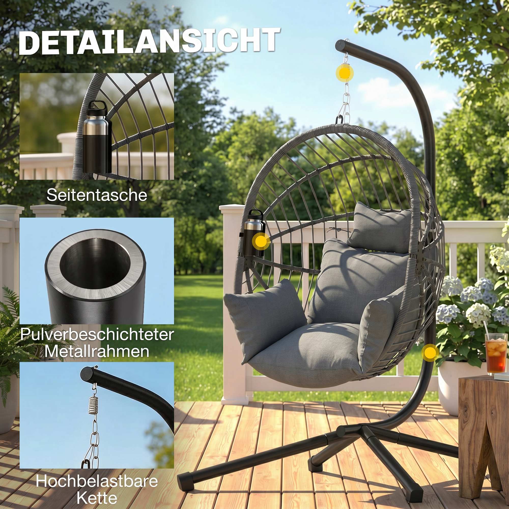 Piekarināms krēsls Egg Chair, ar spilvenu, pelēks, 120 x 106 x 188 cm - Image 7