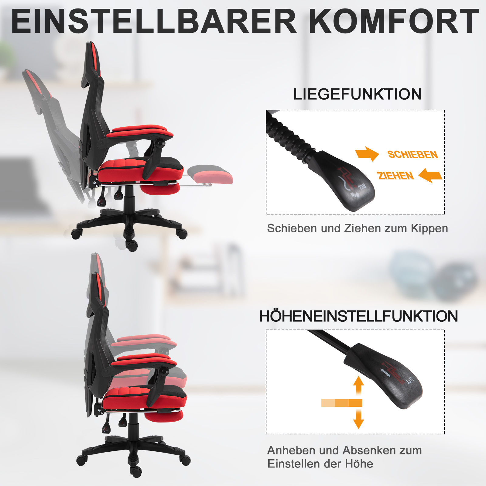 Ergonoomiline kontoritool / mänguritool jalatoega, must + punane, 58 x 63 x 112-122 cm - Image 7
