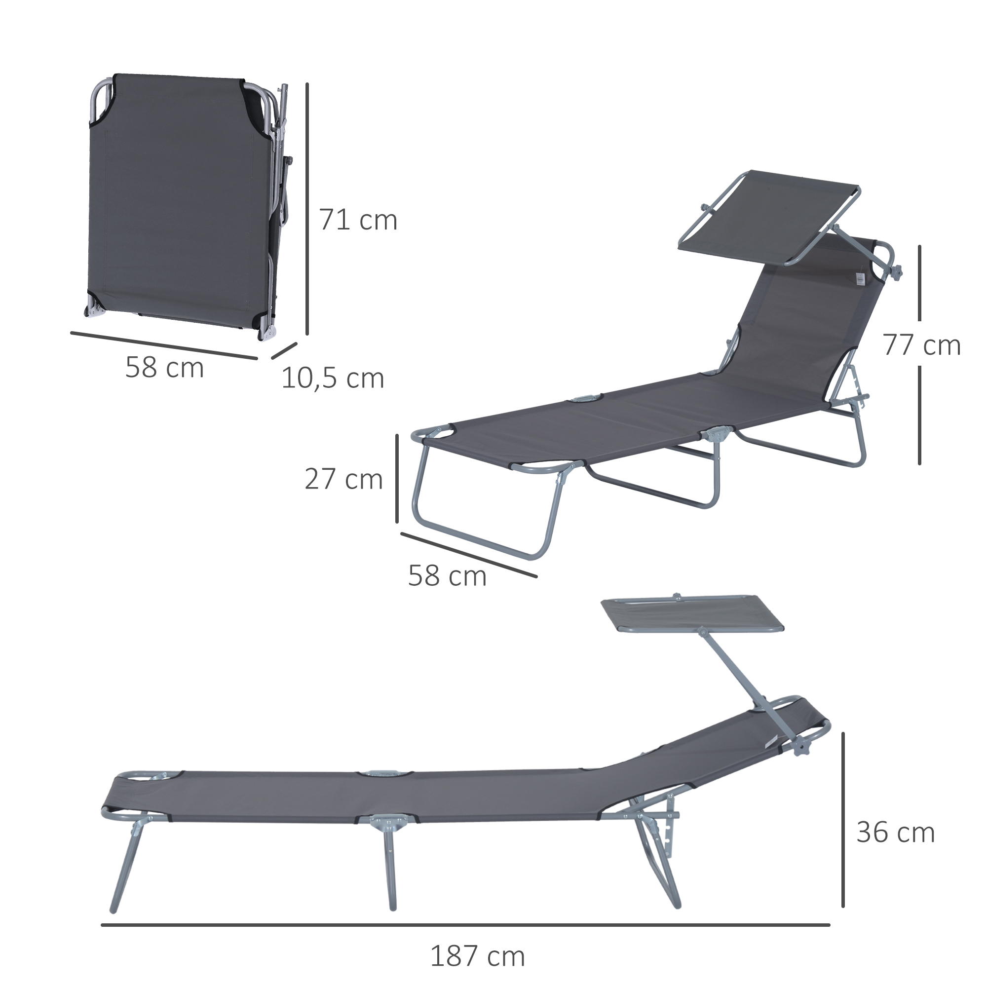 Salokāms saulesspēle ar jumtiņu, pelēka, 187 x 58 x 36 cm, līdz 120 kg - Image 3